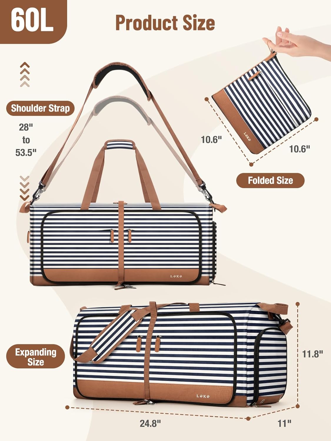 Lekesky Foldable Travel Duffle Bag for Women, 60L Large Duffel Bag with Separate Shoes Compartments & Straps, Carry On Weekend Bag for Women, Hospital, Overnight (Blue Stripes)