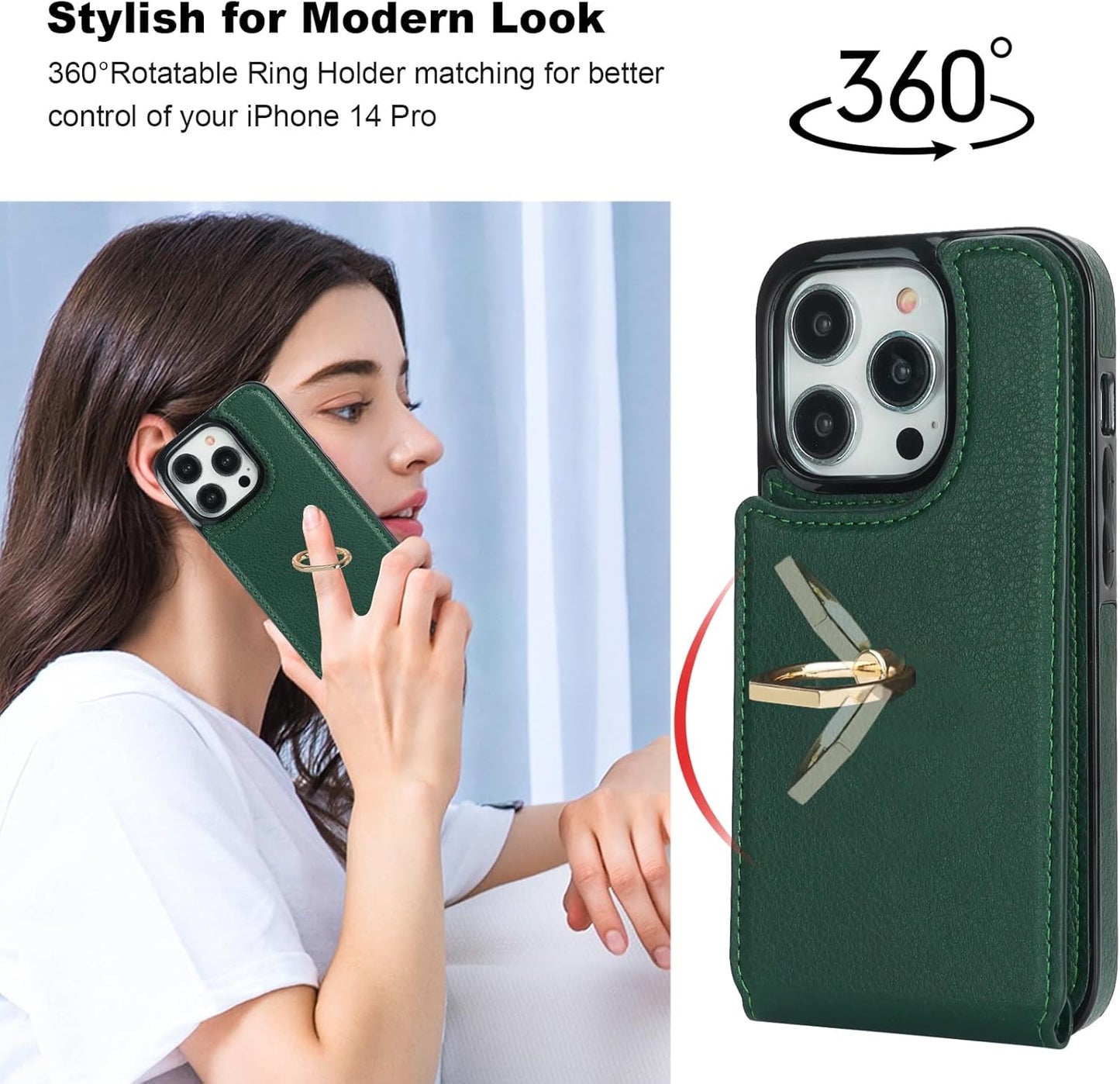 Folosu Compatible with iPhone 14 Pro Case Wallet with Card Holder, 360°Rotation Finger Ring Holder Kickstand, RFID Blocking Leather Protective Double Buttons Shockproof Cover 6.1 Inch Dark Green