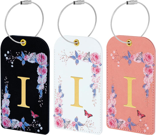 3 Pack Luxury Floral Luggage Tags, Durable PU Leather Suitcase Tags with Stainless Steel Cable Strap, Hidden ID Slot for Privacy Protection, Easy to Identify Waterproof Travel Accessories Gift (I)
