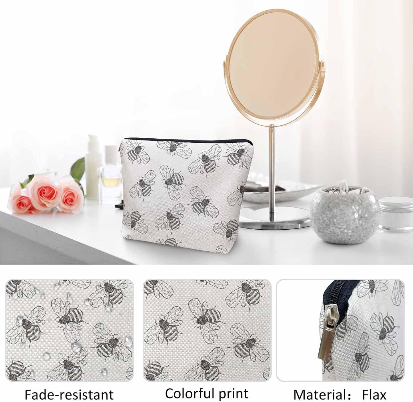 Bumblebee Makeup Bag For Women, Adorable Cosmetic Bag Makeup Bags, Gray Animal Bee Bumblebees Zipper Bag Travel Bags Toiletry Organizers Pouch Bags Washing Bags For Gym Bathroom