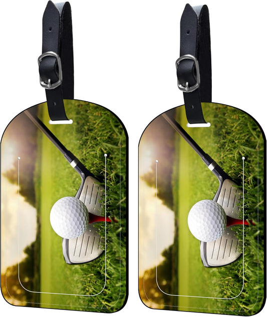 2 Pack Luggage Tags Golf Club and Ball PU Leather Baggage Handbag Suitcase Tags with Secure Strap Privacy Cover ID Labels,Business Travel Baggage Tag Identifier