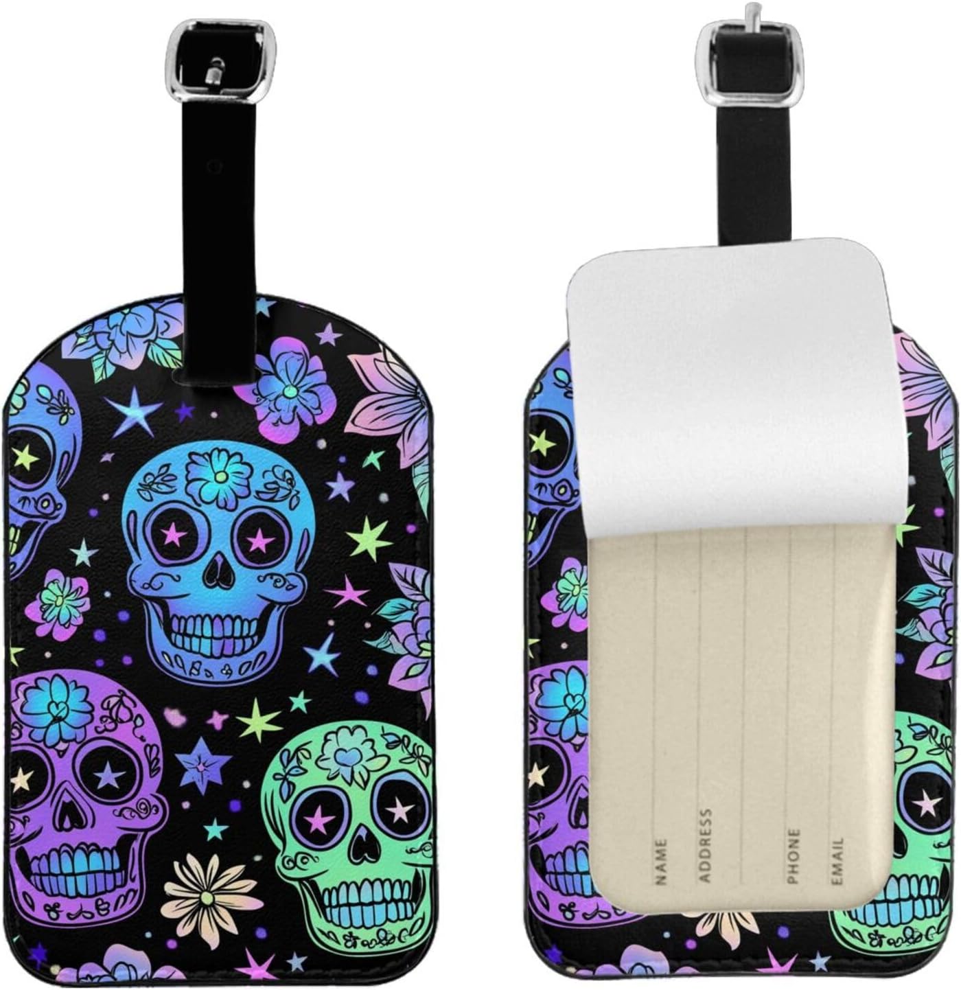 Purple Neon Skull Flowers Luggage Tag Leather Suitcase Tags Cute Luggage Identifiers for Suitcases Privacy Cover Travel Name Tag for Kids Adult