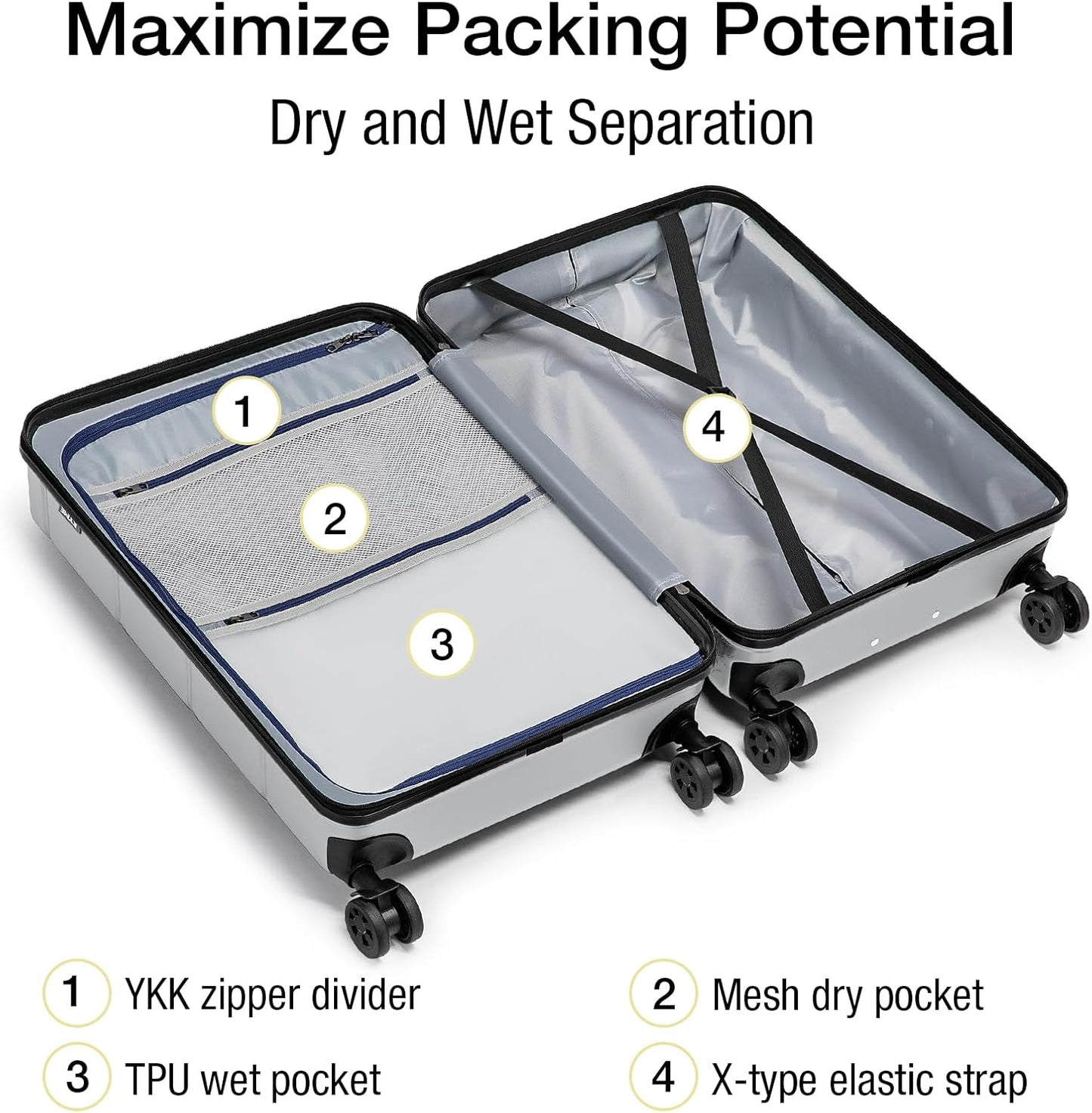 KYME Luggage Sets 2 Piece Hardshell 20"/24" Suitcases with Spinner Wheels Durable Suitcase Set with TSA Lock Lightweight Travel Luggage Set for Women Men Silver Grey