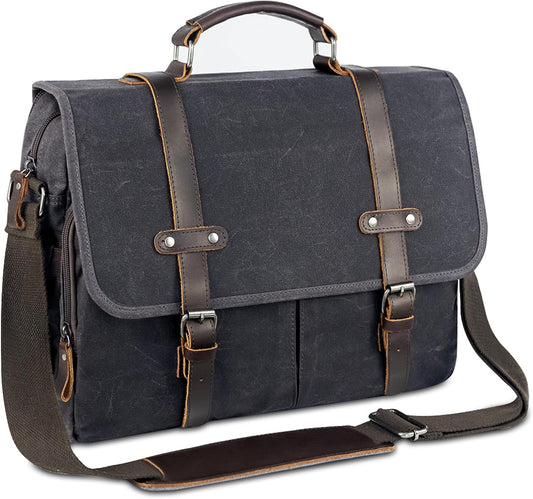 Wogarl 15.6" Messenger Bag for Men: Leather Waxed Canvas Briefcase Large Computer Laptop Bag Handbags Crossbody Bags for Work