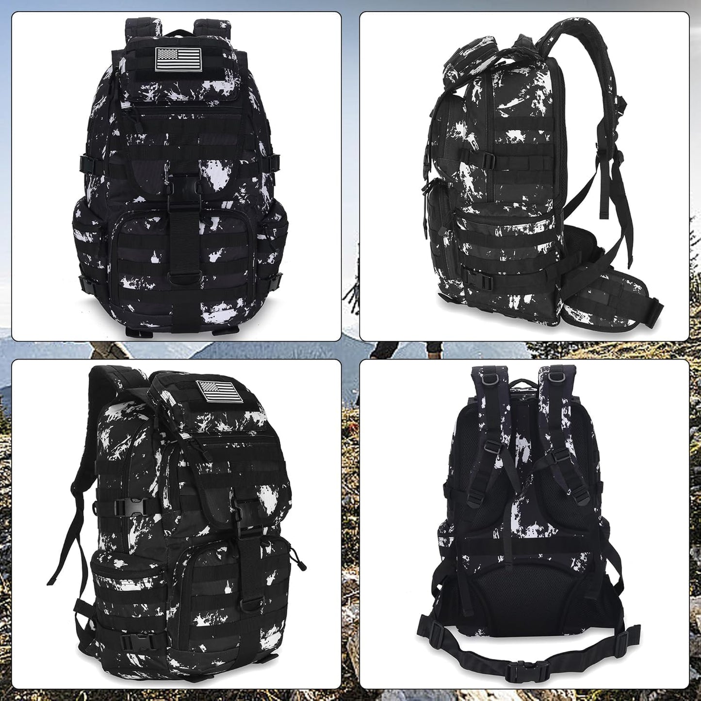 50L Military Tactical Backpack 3 Day Assault Pack Molle Daypack Hiking Backpack for Men and Women (Black-White Lightning)