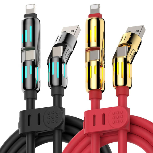 MFish 240W 4-in-1 Universal USB Charging Cable [2 Pack, 6.6ft] – Fast Charger Cord with USB-A, Dual USB-C & Lighting, for iPhone 14/15/16/17 Series, iPad & MacBook & More (2PACK, Black+Red, 6.6Ft)