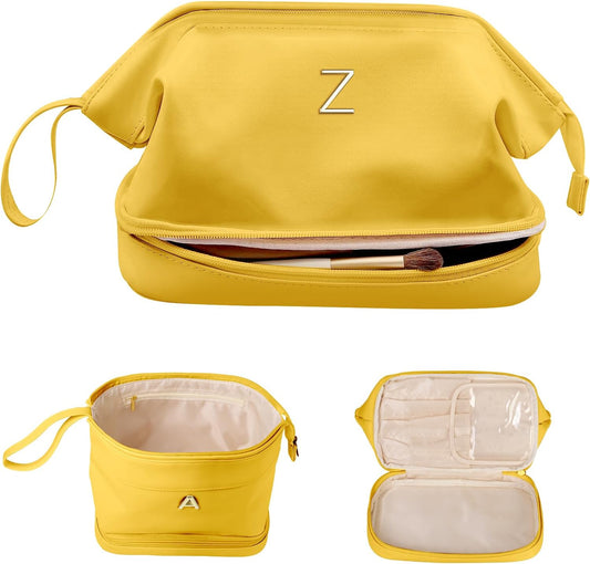 Gift Ideas for Mom, Initial Makeup Bag, Travel Gifts, Personalized Bags, Waterproof Double Layer Cosmetic Bag, Large Capacity PU Leather Makeup Bags Letter Travel Toiletry Bag, Friend Gifts
