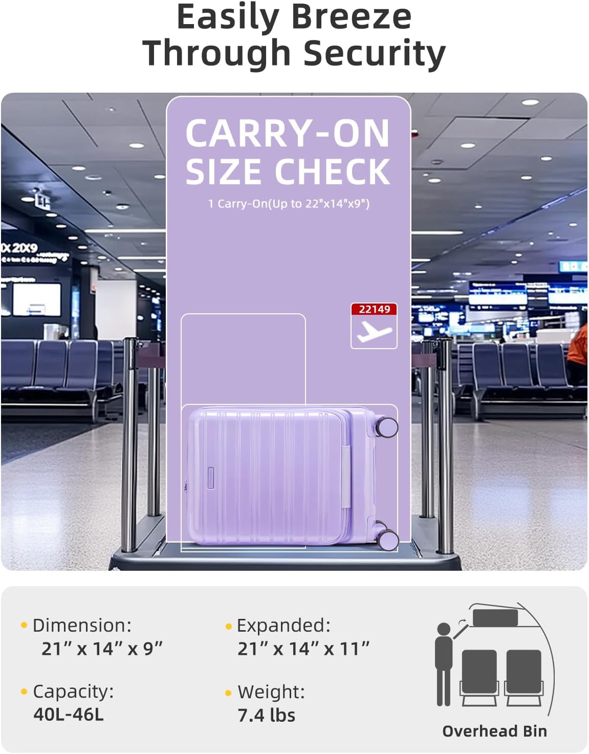 LARVENDER Carry On Luggage 22x14x9 Airline Approved, 20 Inch Expandable PC+ABS Hardside Carry On Luggage with Front Pocket Spinner Wheels TSA Lock for Women Men (Lavender)