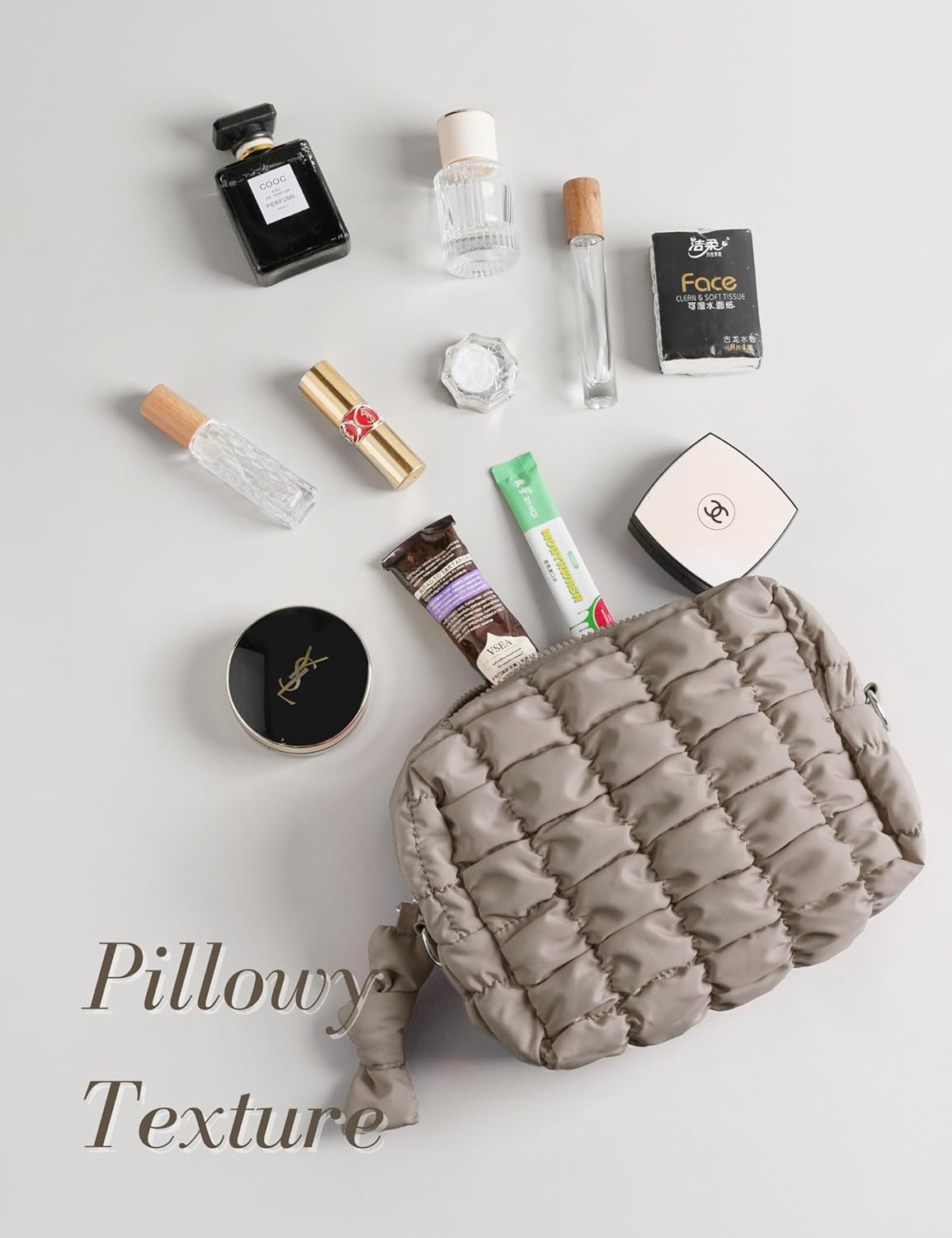 Yarnic Quilted Makeup Bag Puffy Cosmetic Bag, Travel Toiletry Bag for Women, Cute Makeup Bag Organizer Puffer Makeup Pouch (M, Taupe)