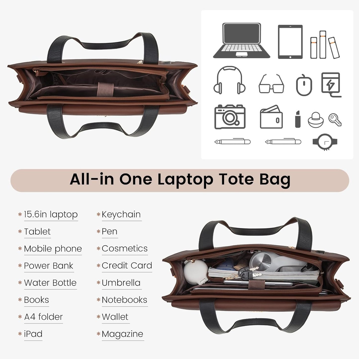 LOVEVOOK Laptop Bag for Women, Black- Brown