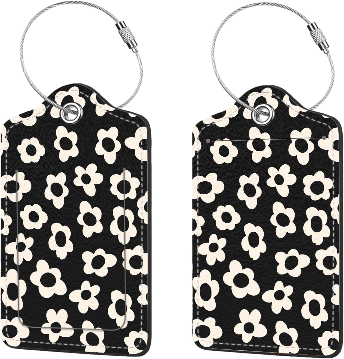 2 Pcs Luggage Tags for Suitcase, Cute Unique PU Leather Travel Bag Tag with Privacy Cover ID Label Address Card and Durable Metal Ring Suitable for Men Women Children Backpack,White Flowers