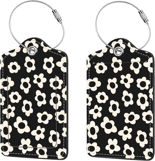 2 Pcs Luggage Tags for Suitcase, Cute Unique PU Leather Travel Bag Tag with Privacy Cover ID Label Address Card and Durable Metal Ring Suitable for Men Women Children Backpack,White Flowers