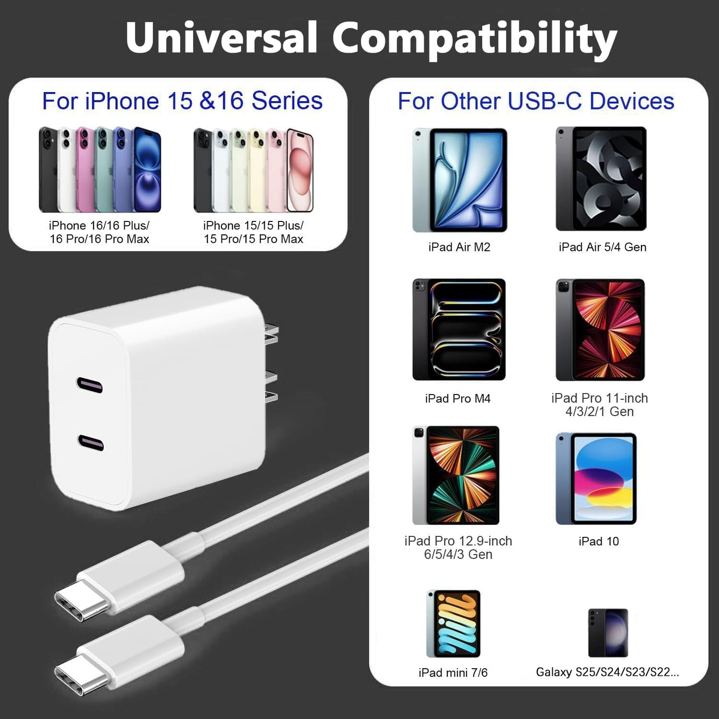 Charger for iPhone 17 16 15,Fast Dual Port USB C Charger Block,Double Type C Apple Wall Power Adapter Plug,10FT Quick USB C to C Charging Cable for iPhone 17/17 ProMax/17 Air/16 Pro/16e/15 Pro/15 Plus