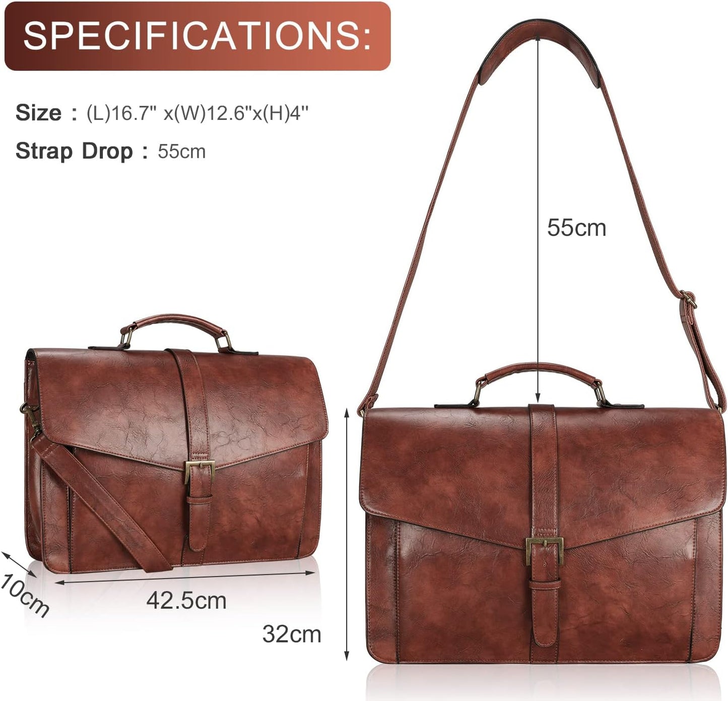 ESTARER Men's Leather Briefcase 15.6 Inch Laptop Messenger Bag for Office/Business/Travel, Professional Leather Computer Shoulder Bag, Vintage Brown