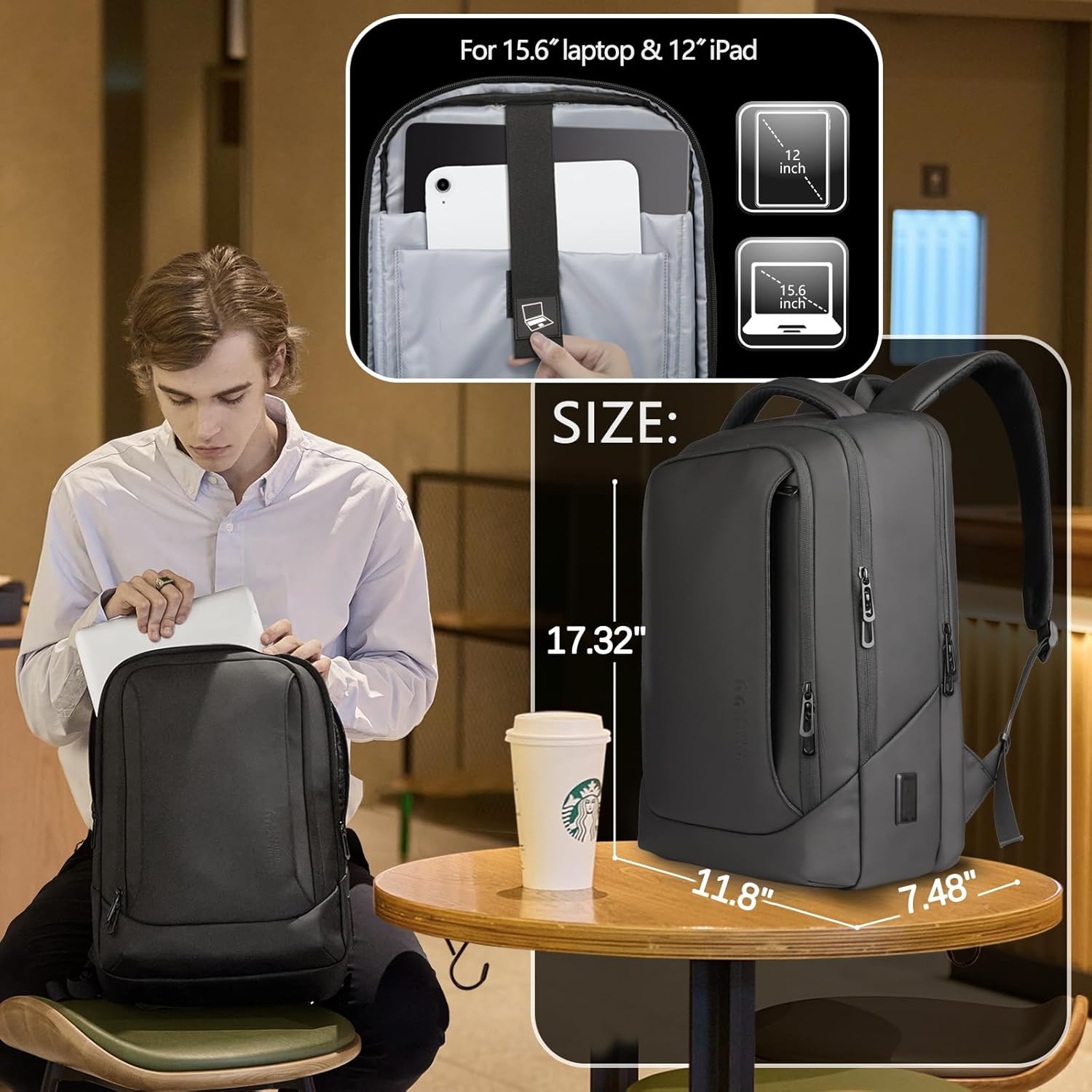 hk Laptop Backpack for Men with USB Charging Port Water-Resistant for 15.6 Inch Computer Bag