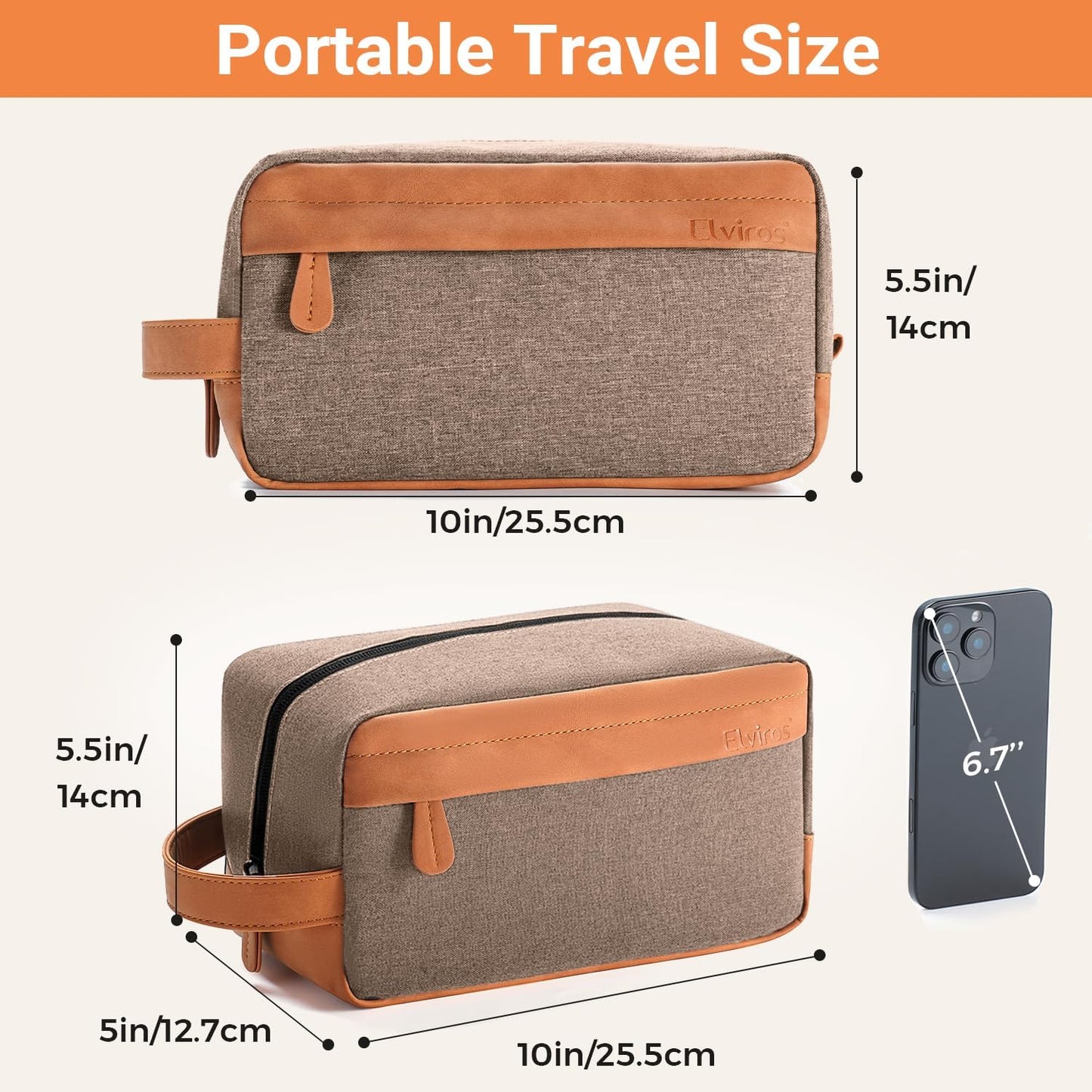 Elviros Travel Toiletry Bag for Men Hanging Dopp Kit Water Repellent PU Leather Shaving Bag with Large Capacity for Travel and Bathroom, Khaki
