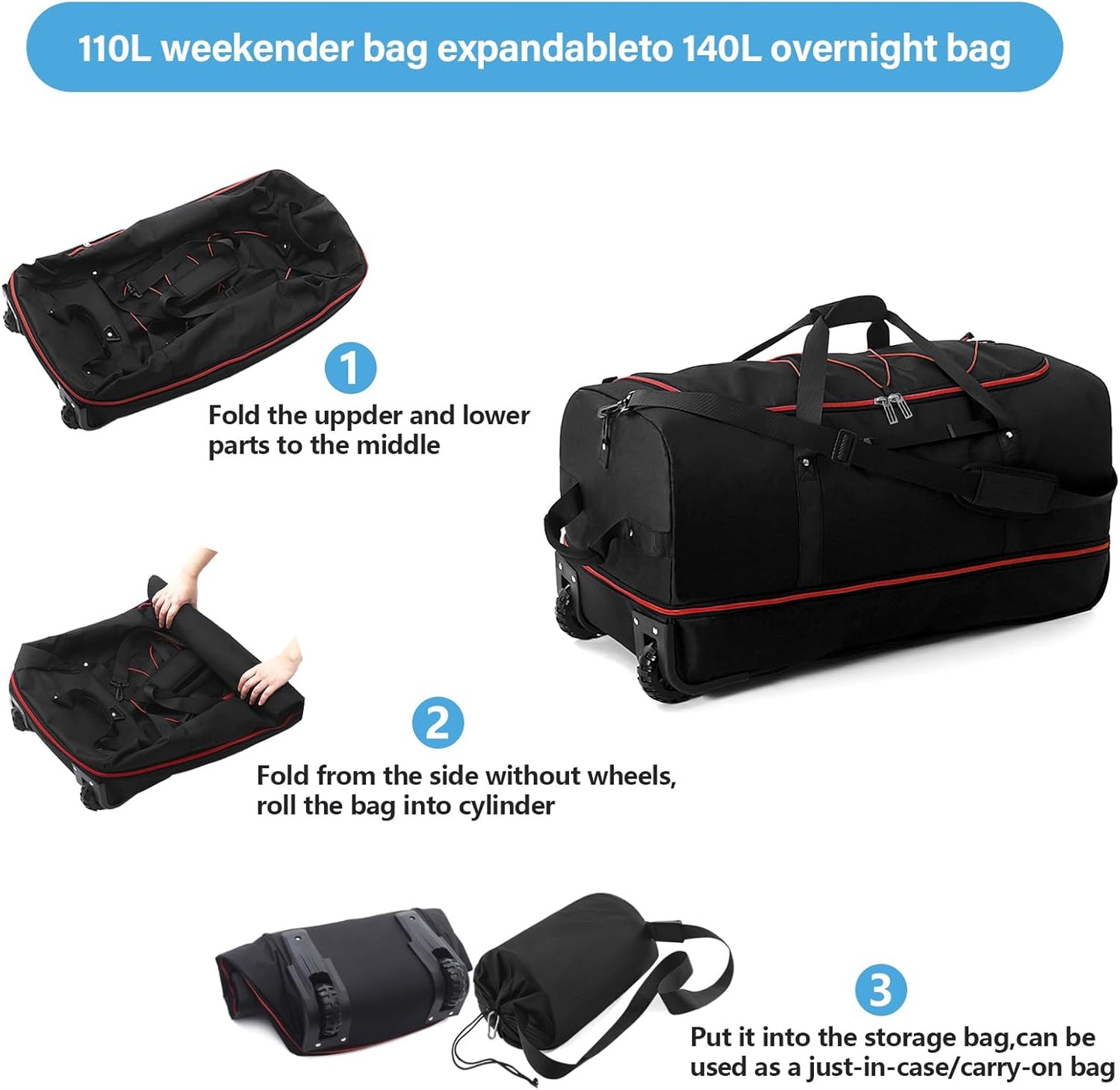 Vomgomfom Wheeled Collapsible Duffel Bag,110L-140L Expandable Checked Luggage, No-Telescopic-Handle