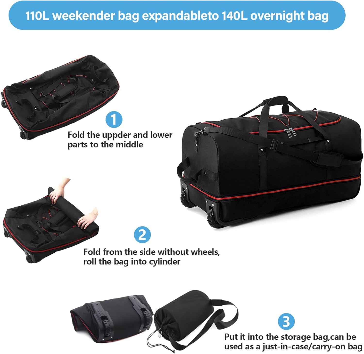 Vomgomfom Wheeled Collapsible Duffel Bag,110L-140L Expandable Checked Luggage, No-Telescopic-Handle