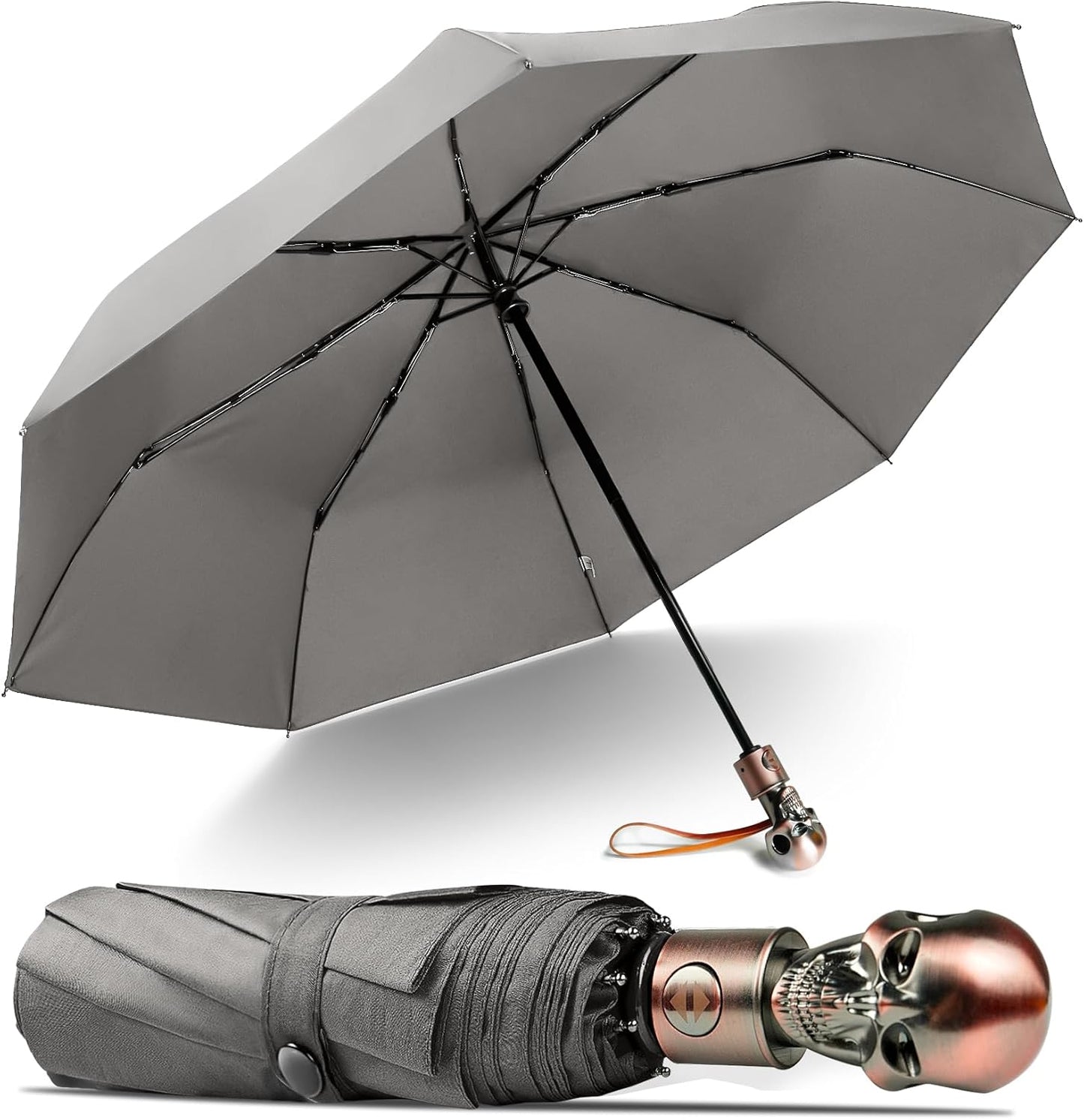 Lejorain Mens Black Skull Umbrella - Automatic Luxury Travel Windproof Umbrella Compact - Portable Strong Lightweight Rain Umbrella for Adults