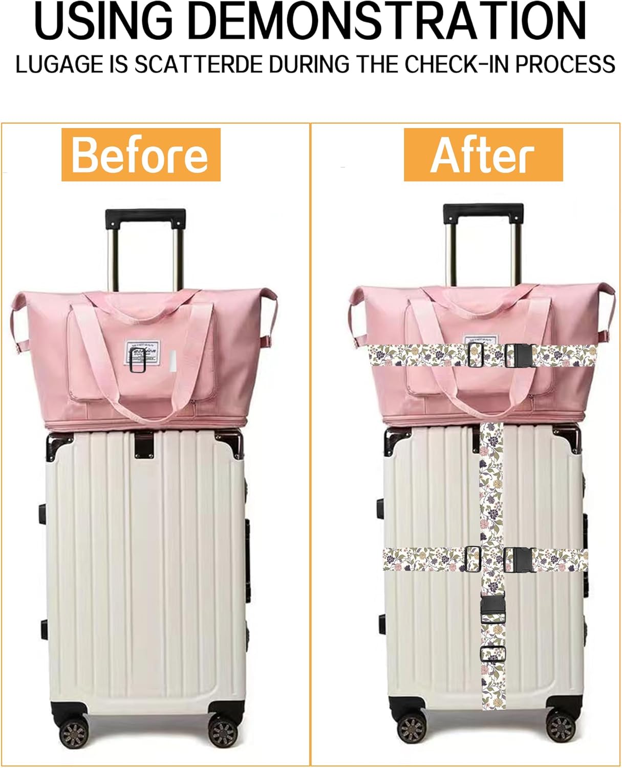 Luggage Straps for Suitcases, Adjustable Travel Belt, Durable Wide Luggage Strap, Cute Suitcase Strap Identifiers with Buckle, Bag Straps for Luggage, Cute Boho Flowers