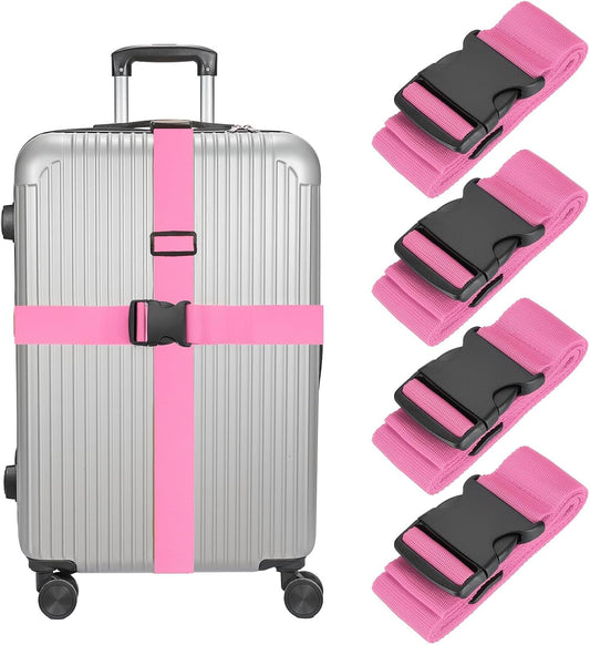 MECCANIXITY Luggage Straps with Quick-Release Buckle Adjustable Suitcase Belt Strap for Suitcase Briefcase Backpack Travel, Pink, Pack of 4