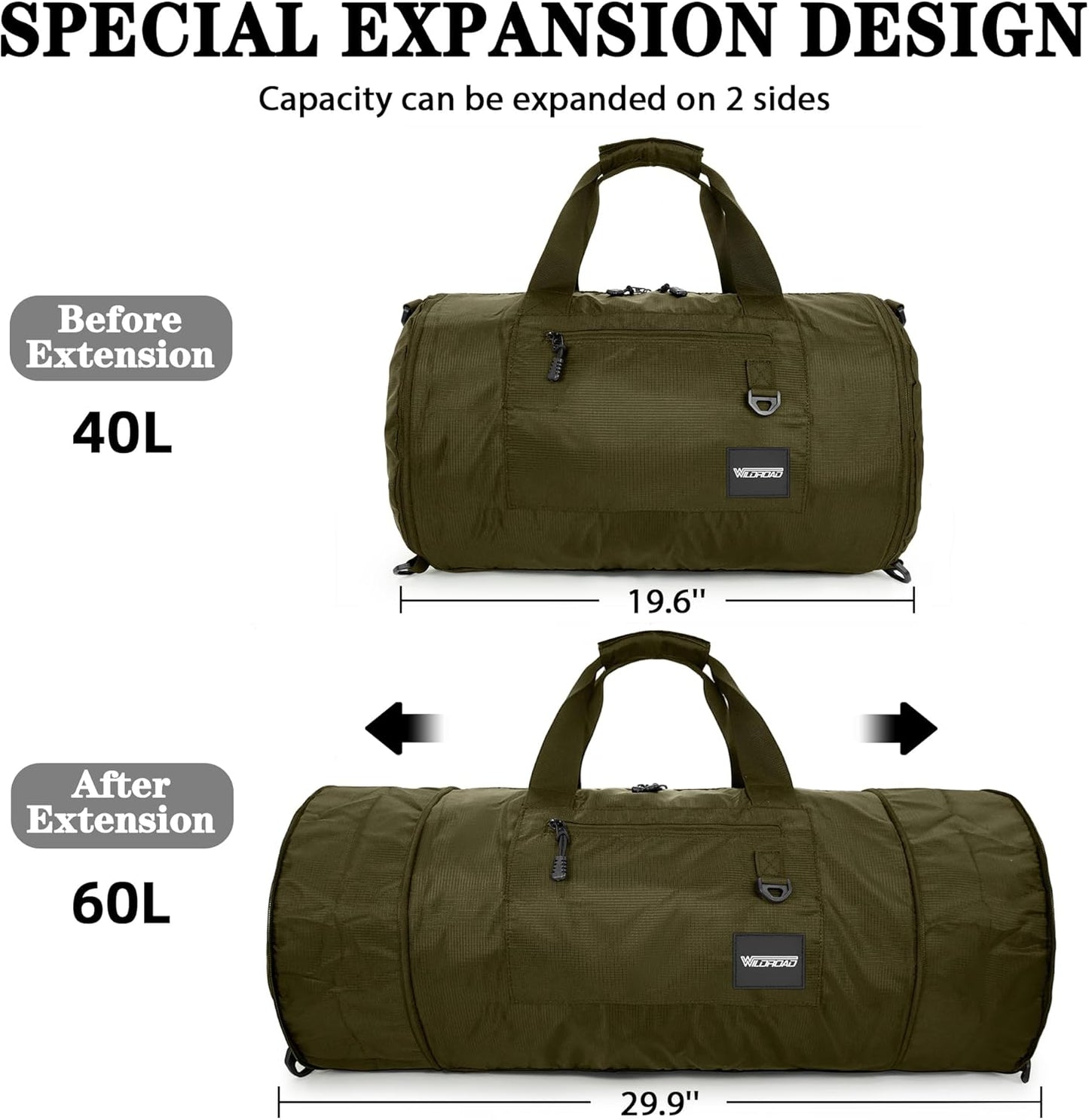 Wildroad Travel Bags for Men, Gym Bag & Duffle Bag for Travel, Carry on Duffel Bag 3 IN 1 Expandable Overnight Weekender Bag (Vintage Grey, Large-50L+ Gym Bag)