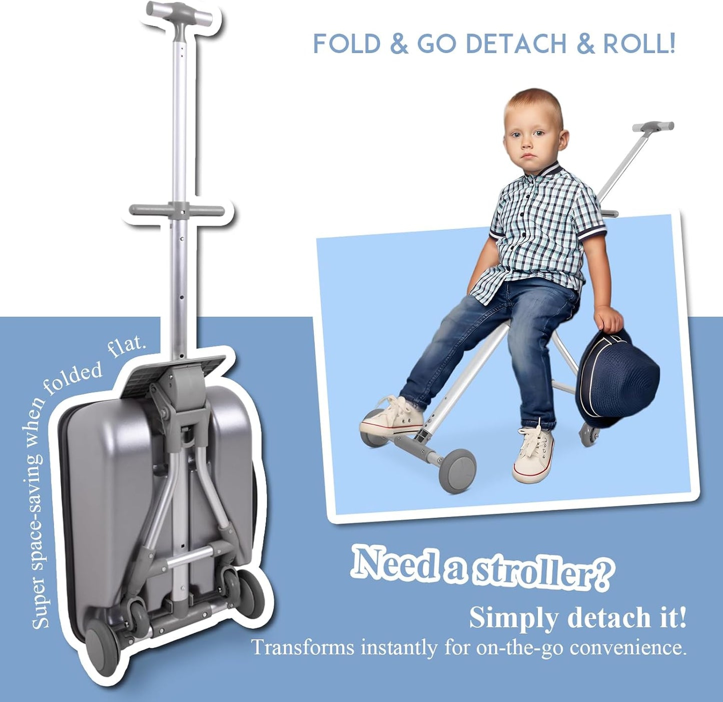 3-in-1 Carry On Luggage with Removable Cart | 20” Hardside Suitcase, Detachable Travel Tote & Foldable Utility Cart with 3 Adjustable Heights | for Adults, Kids, Shopping & Travel | 42L, 5KG (Blue)