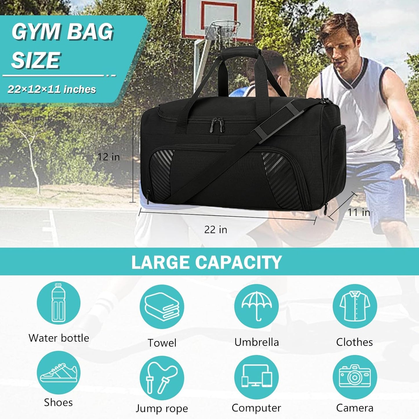 Urbanstand Gym Bag for Men - 22 Inch Large Sports Duffel Bags with Shoe Compartment, Weekender Carry On Duffle Bag for Sport, Camping, Fitness & Workout, Black