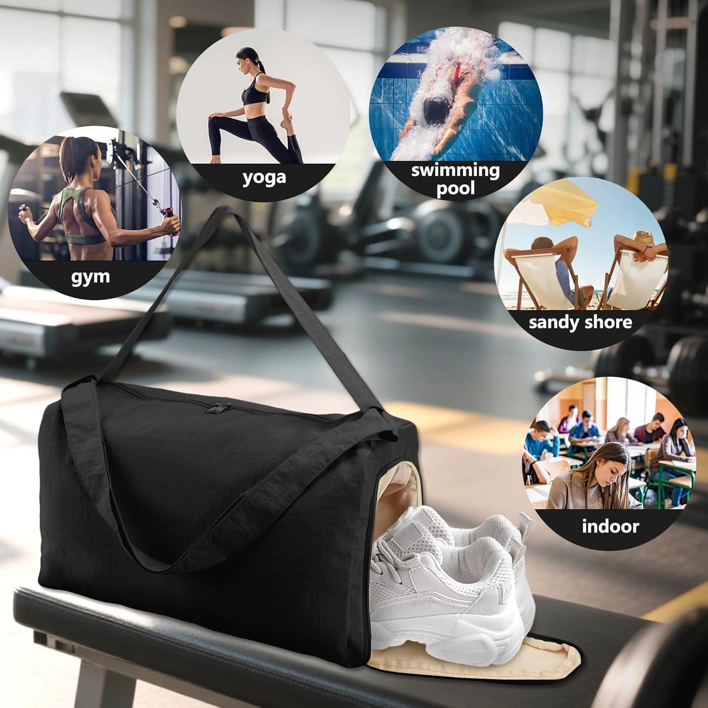 Small Gym Bag for Women with Shoes Compartment and Wet Pocket, Lightweight Travel Duffel Overnight Bags for Women & Men, Weekend Carry on Bag - Sport Yoga Swimming Dance(Black)