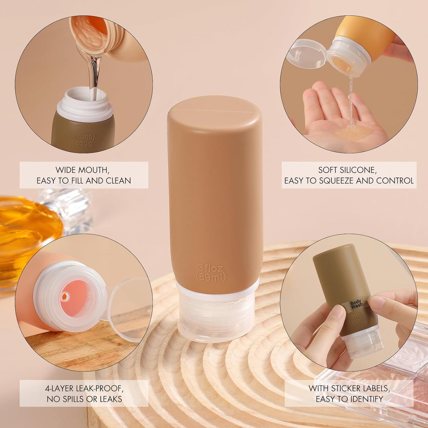 Muslish 21 Pack Travel Bottles for Toiletries, Leak-Proof TSA Compliant Silicone Travel Size Containers for Shampoo and Conditioner, BPA Free with Toiletry Bag (Apricot)