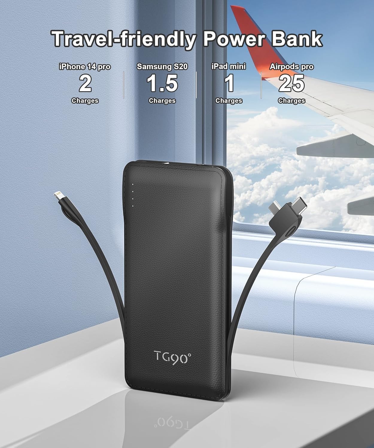 TG90° Portable Charger with Cords 10000mAh Power Bank with Built in Cables Battery Backup Cell Phone External Battery Pack Compatible with iPhone 17 16 15 14 13 12 Samsung S22 S21 Google iPad etc