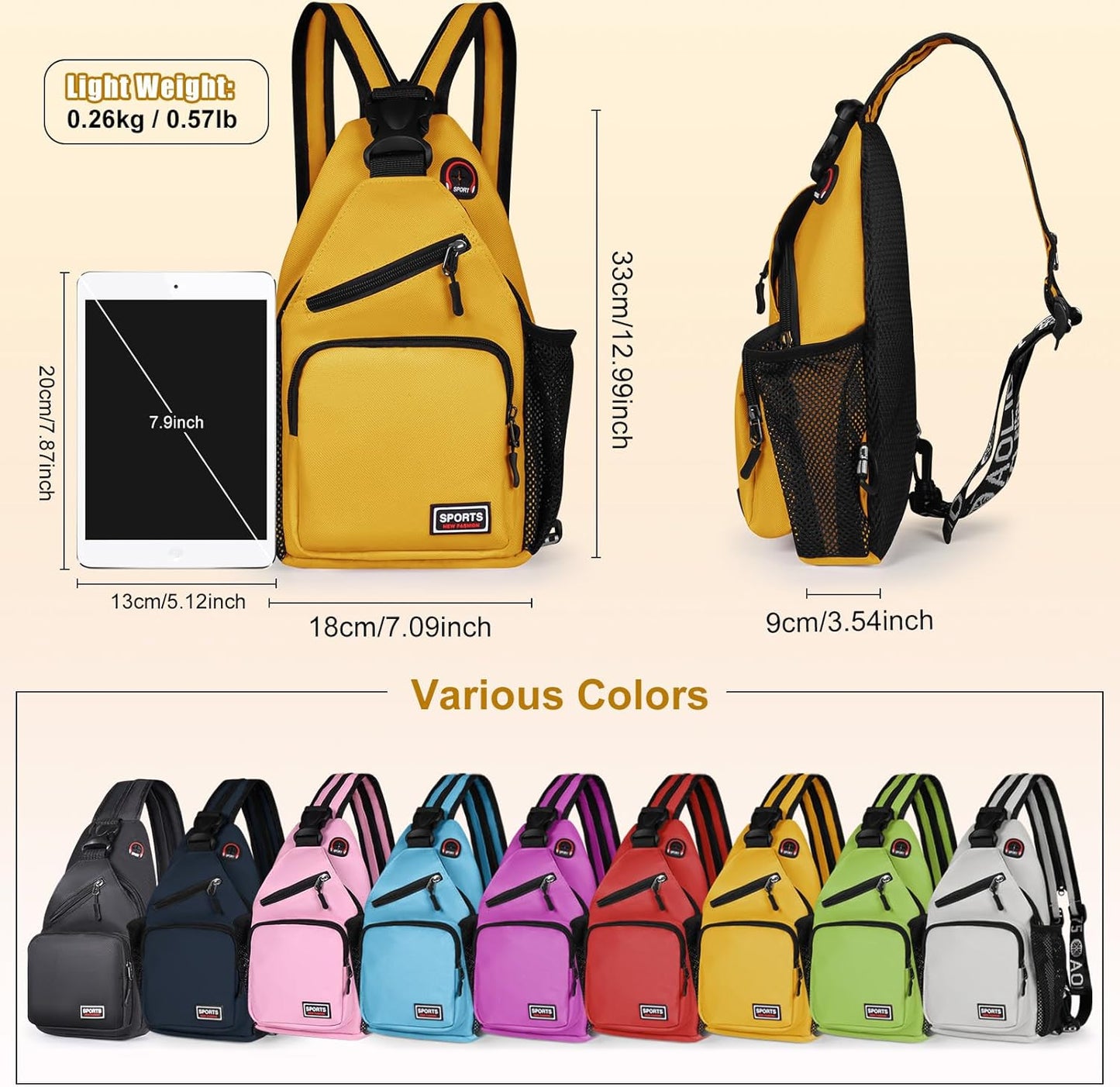 Sling Bag for Women Man Sling Backpack with Convertible Shoulder Strap Casual Backpack Daypack for Travel, Hiking and Daily Commute, (Yellow, Small)