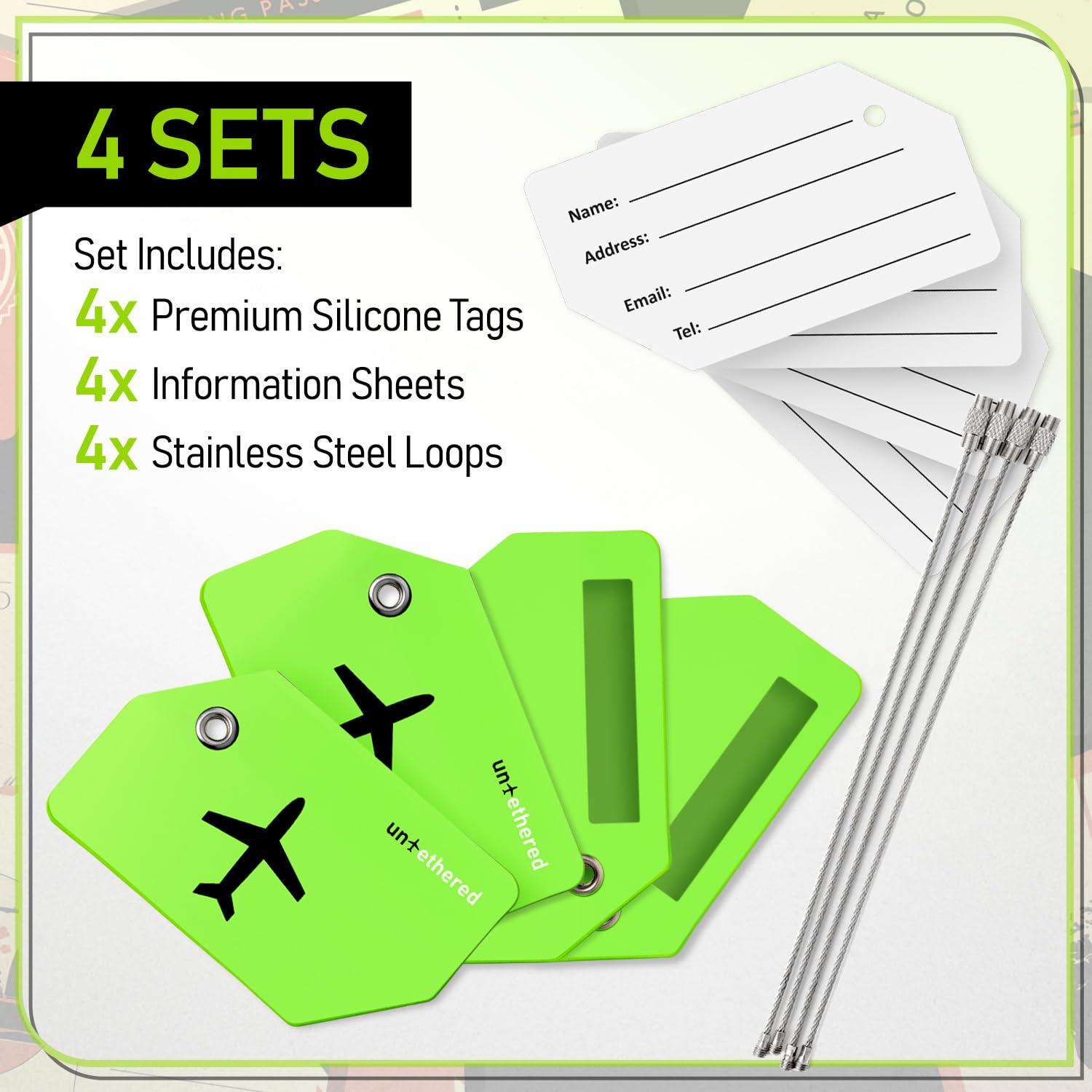 Untethered 4-Pack Luggage Tag Set | Durable Luggage Tags for Suitcases & Travel Bags | Bag Tag &