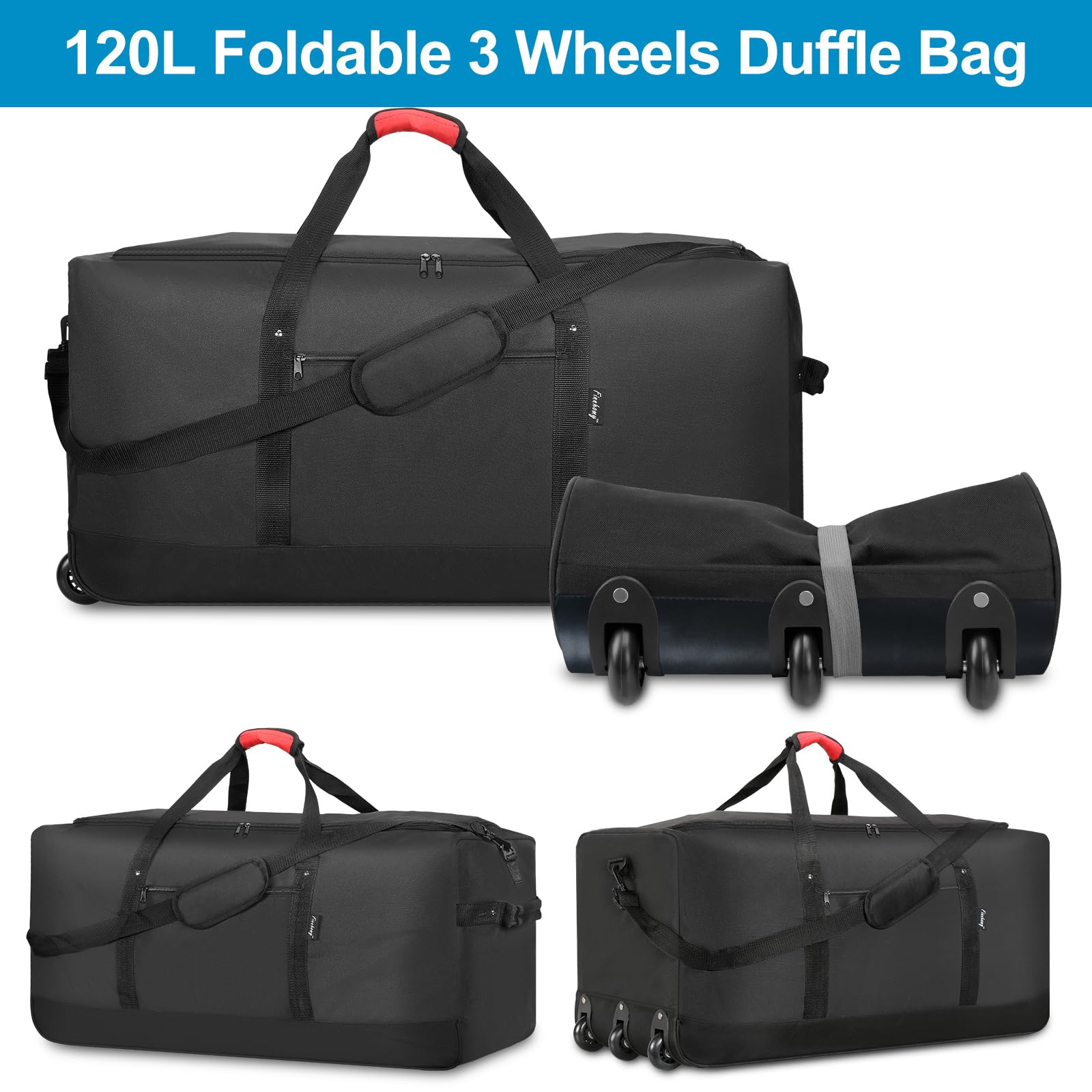 Finnhomy 120L Foldable Rolling Duffel Bag with 3 Wheels, Light Weight Travel Duffel bag with Large