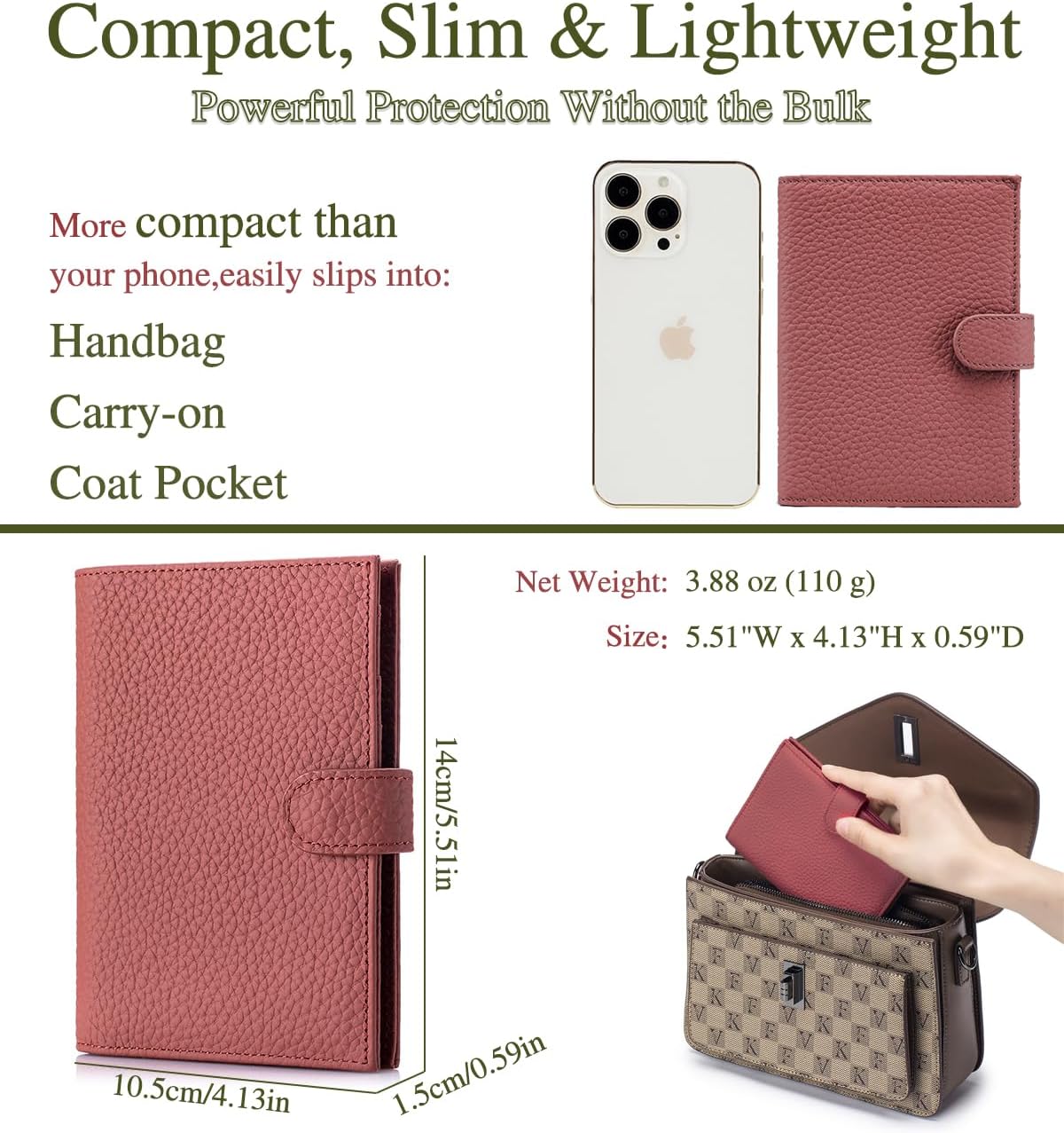 Slim RFID Passport Wallet for Women – Leather Travel Wallet Womens with Passport Slot & Card Slots, Zippered Coin Pocket & Cash Holder Travel Organizer Brick Red