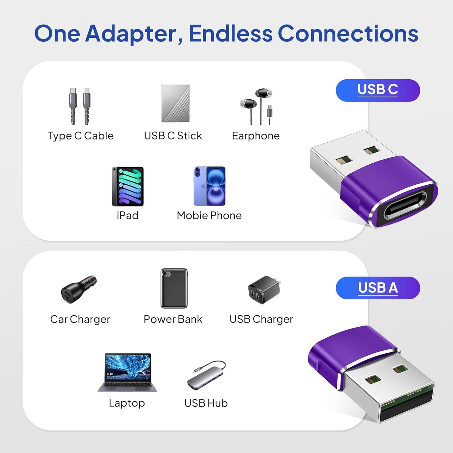 Elebase for Apple Watch SE 3 Adapter,USB to USB C Adaptor 4 Pack,Type C Female to USB A Male Charger Connector for iWatch 11 10,iPhone 16 15 Plus Pro Max,iPad 8 8th 9 9th 10th Air 4th 5 5th Mini 6 6th