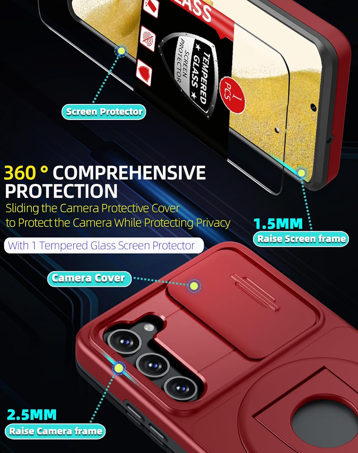 for Samsung Galaxy S22 Plus Case Magnetic Compatible with MagSafe Wireless Charging,with Screen Protector,for S22+Plus Case with Stand Ring+Camera Cover Shockproof Heavy Duty Protection Red