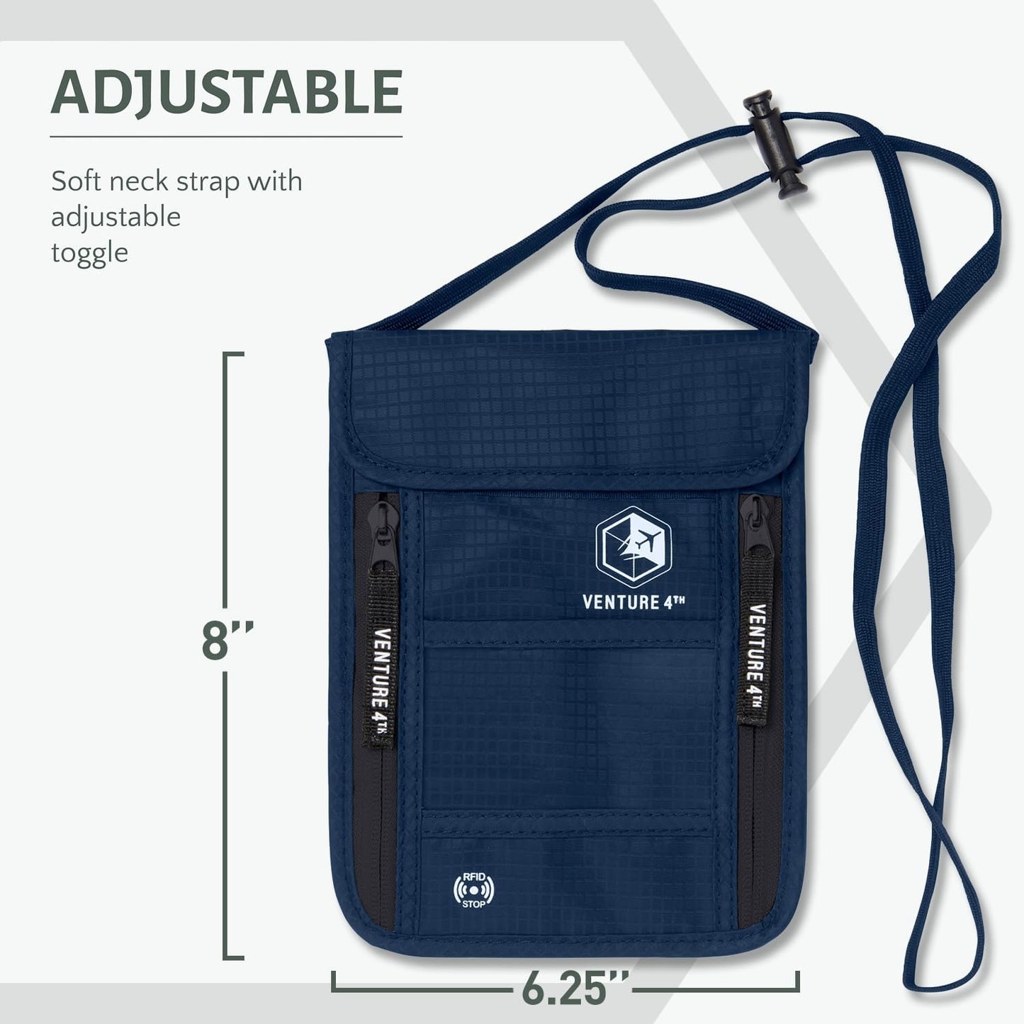VENTURE 4TH Neck Wallet, RFID Blocking Passport Holder for Travel – Hidden Neck Pouch with 6 Compartments, Slim Lightweight Organizer with Adjustable Strap for Cash, Cards & Passport (Navy Blue)