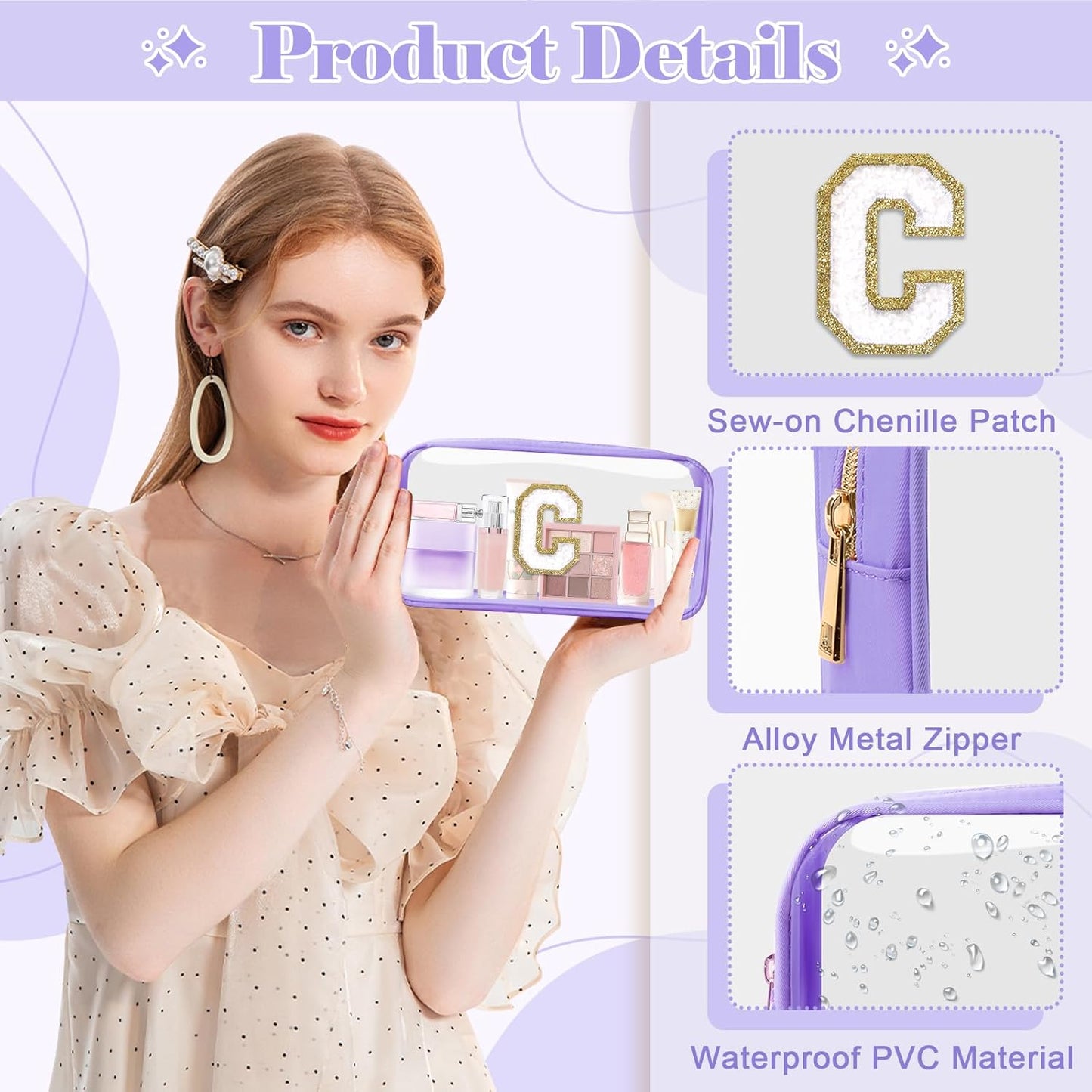 Personalized Initial Letter Clear Makeup Bag,Preppy Small Nylon&PVC Cosmetic Zipper Bag with Chenille Letter,Travel Skincare Toiletry Bag,Monogram Christmas Gift for Teen Girls Women,C