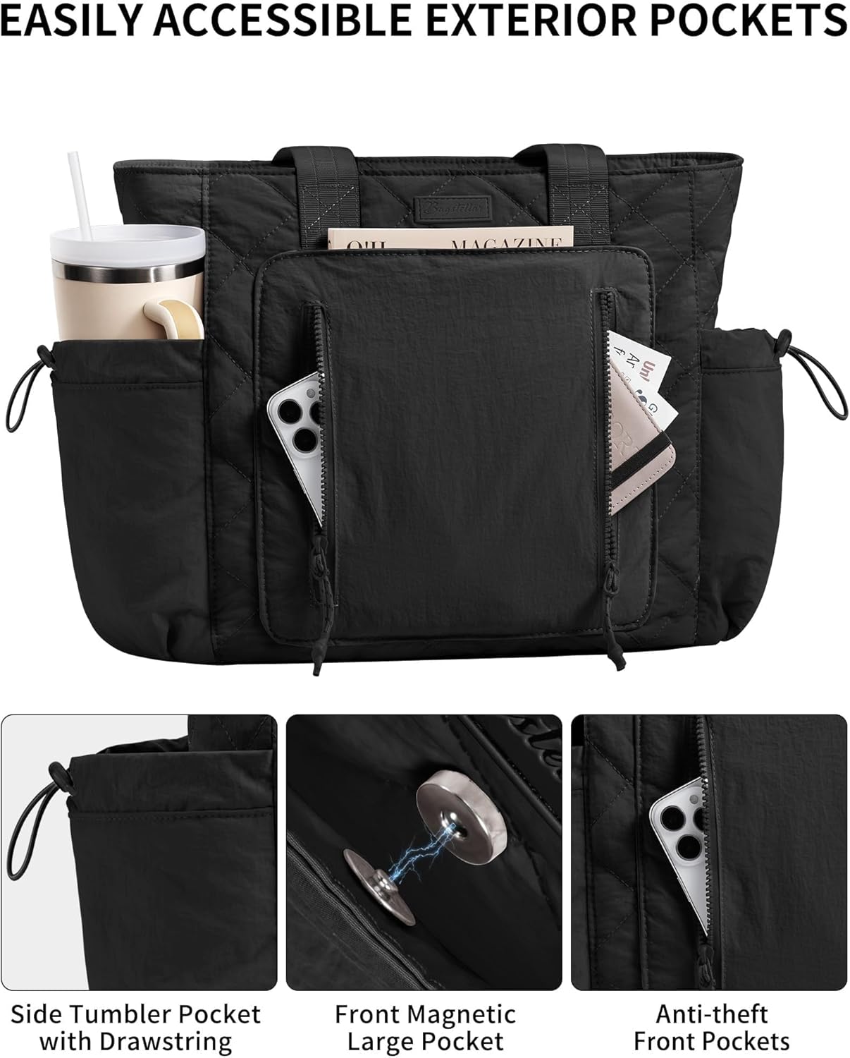 Puffer Tote Bag for Women, Lightweight Puffy Work Laptop Handbag Teacher Nurse Quilted Shoulder School Daily Travel Gym Bags