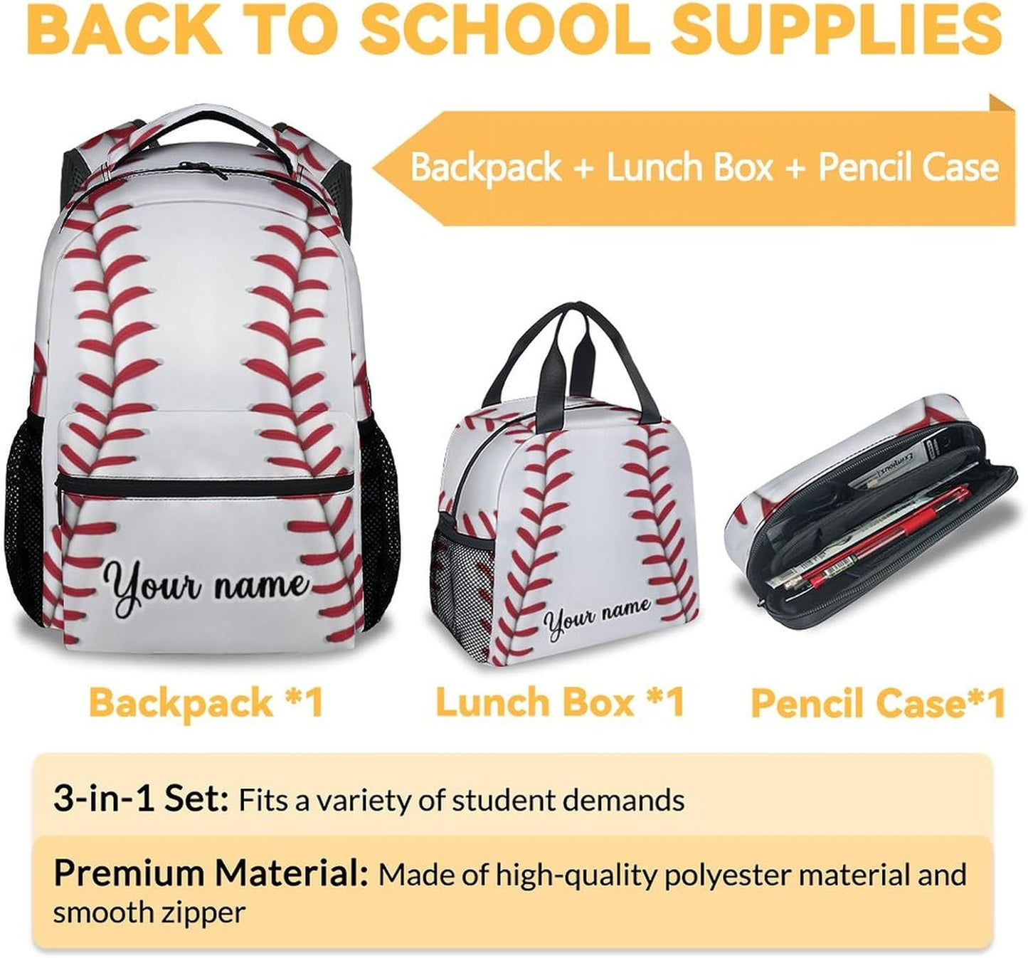Personalized Baseball Backpack with Lunch Box Set for Boys, 3 in 1 School Backpacks Matching Combo