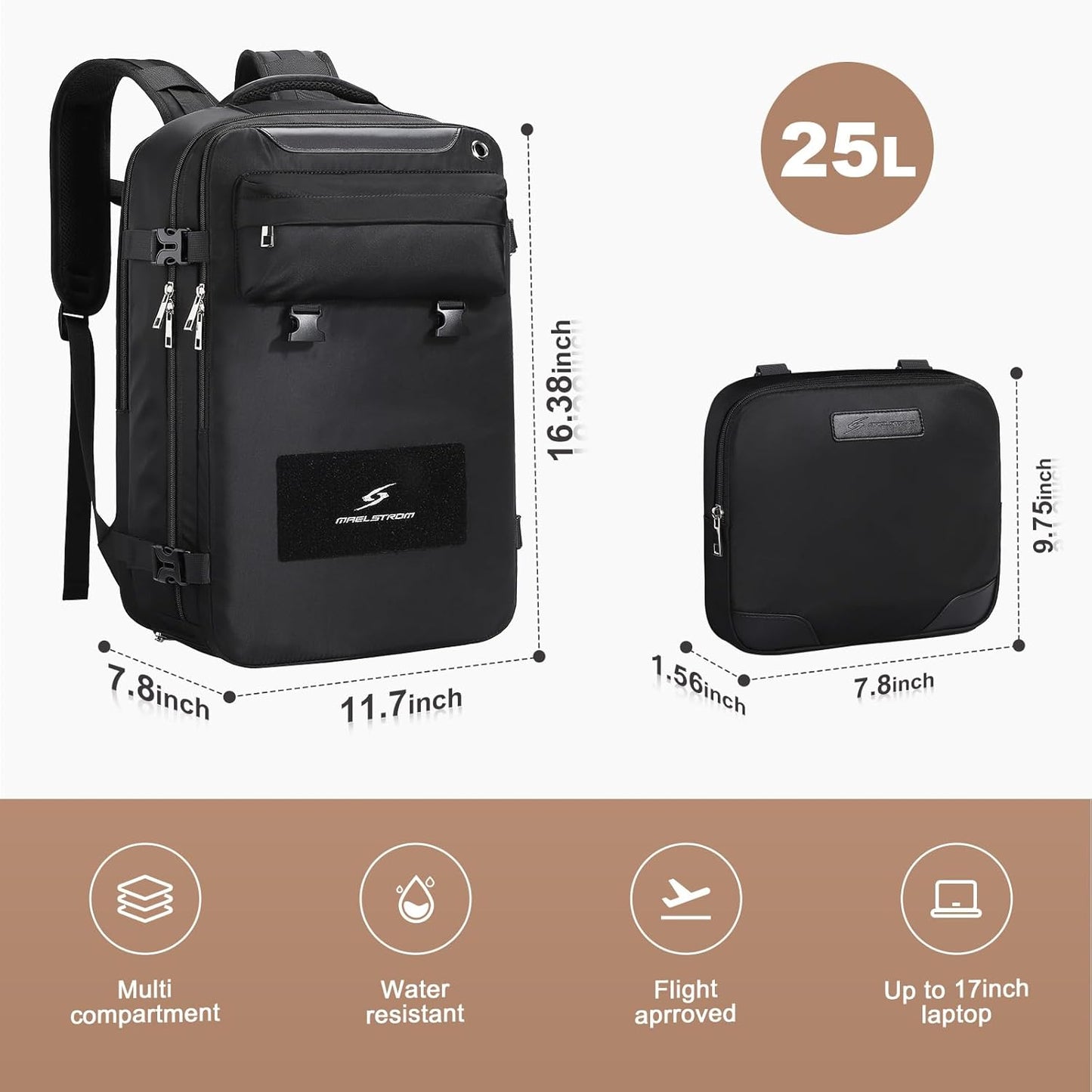 Maelstrom Travel Backpack for Women Men,25L Laptop Backpack Fits 17-Inch Laptop,Waterproof Carry On Backpack for Airplanes with Detachable Crossbody Bag & Shoe Compartment (Black, Medium)
