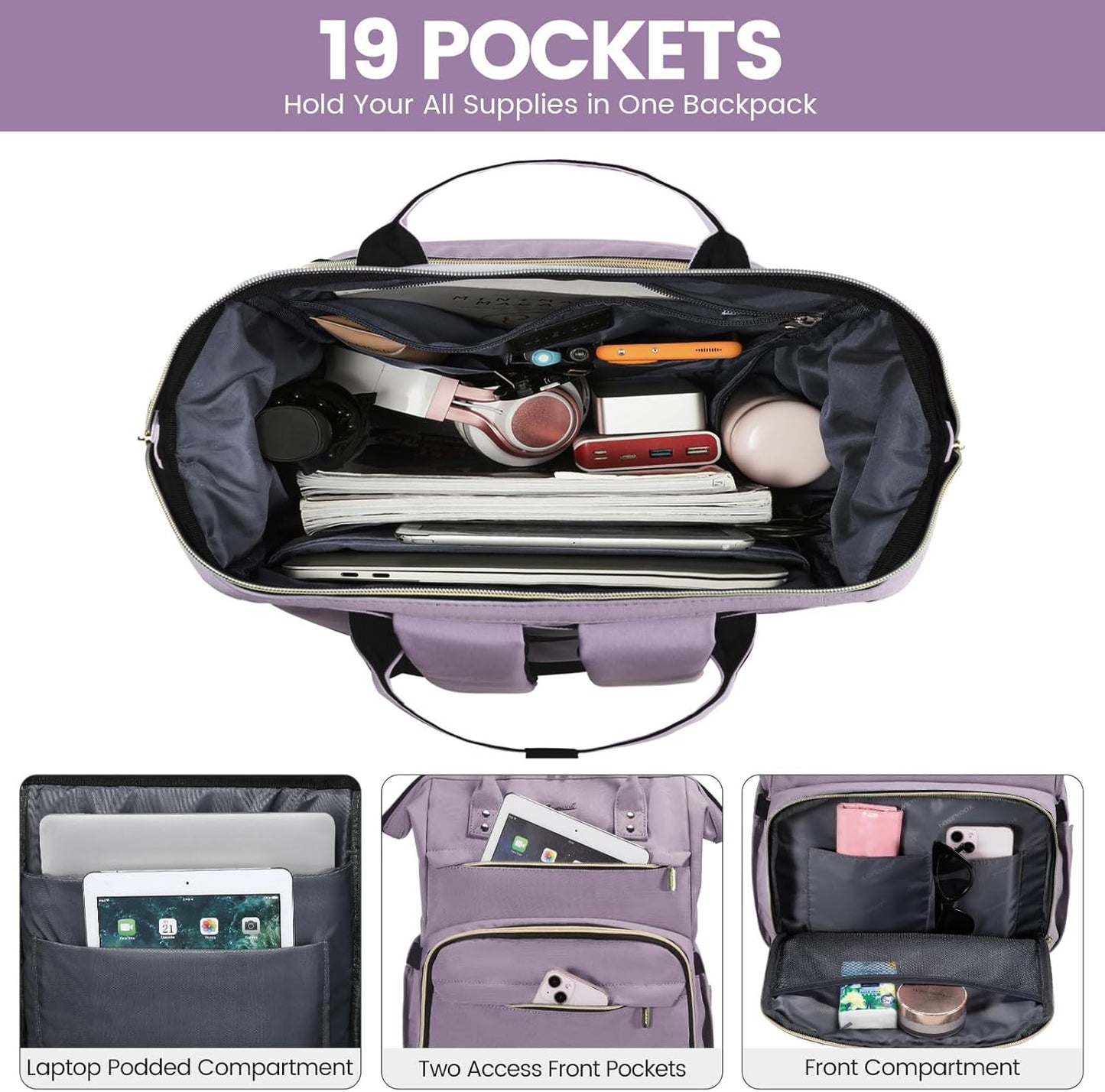 LOVEVOOK Laptop Backpack for Women,17 Inch Professional Womens Travel Backpack Purse Computer Laptop Bag Nurse Teacher Backpack,Waterproof Work Bags Carry on Back Pack with USB Port,Light Purple