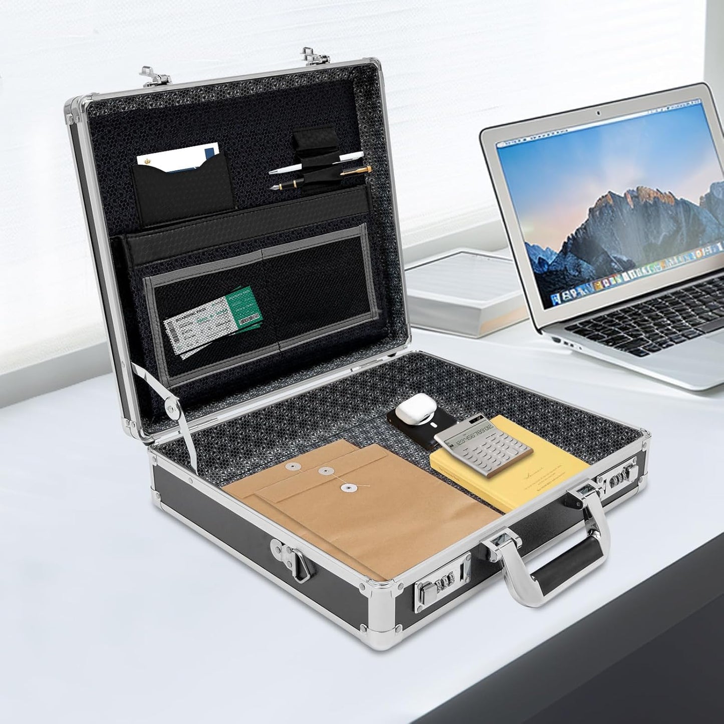 Locking Briefcase, Metal Briefcase w/Strap, Hard Aluminum Carrying Case for Documents/Laptops/Cell Phones