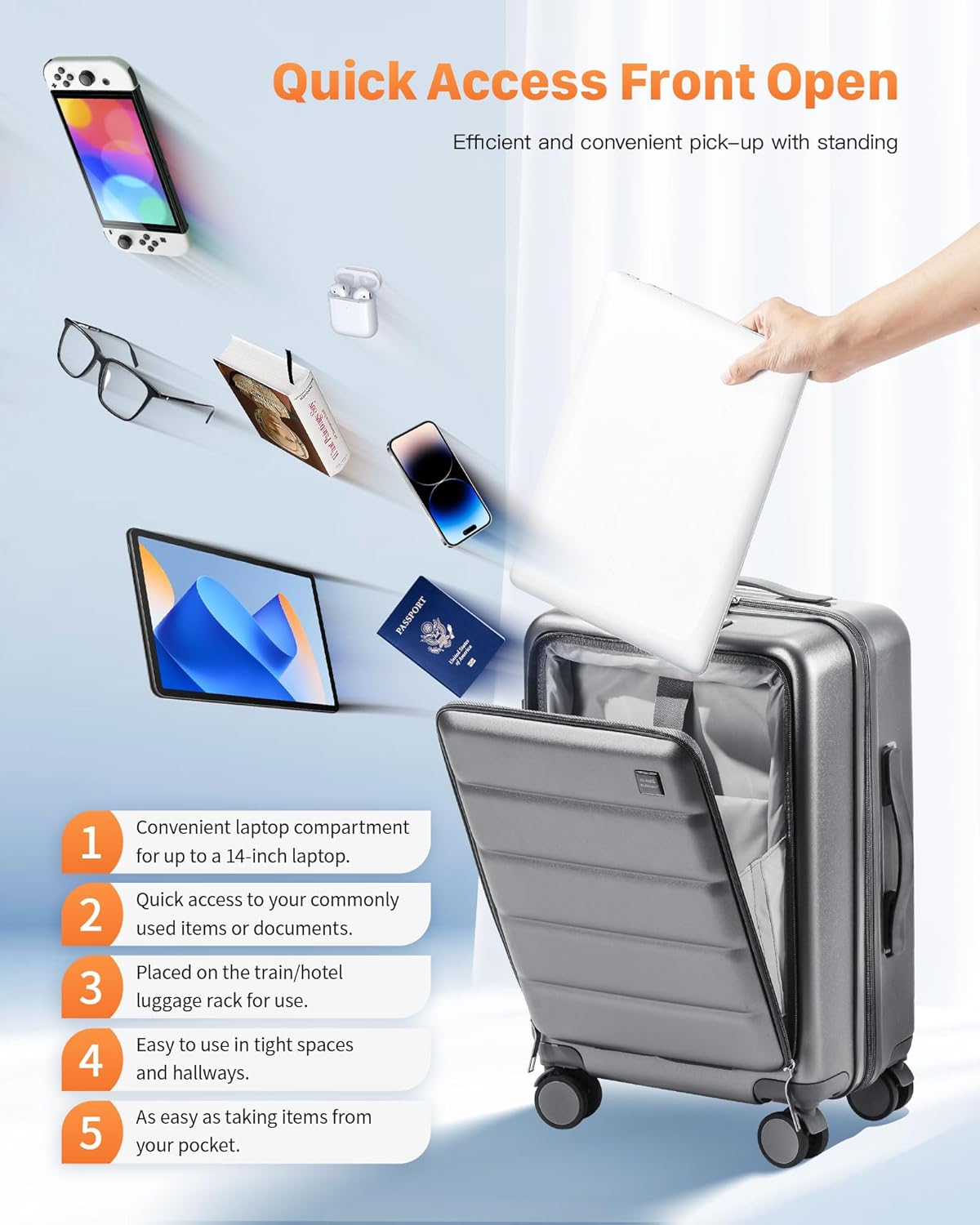 24 Inch Expandable Luggage Check In - Front Pocket Hardside Travel Suitcase Unbreakable -with Cup Holder,USB Charge,Side Pothook, 360°Spinner Wheels, TSA Lock, Grey