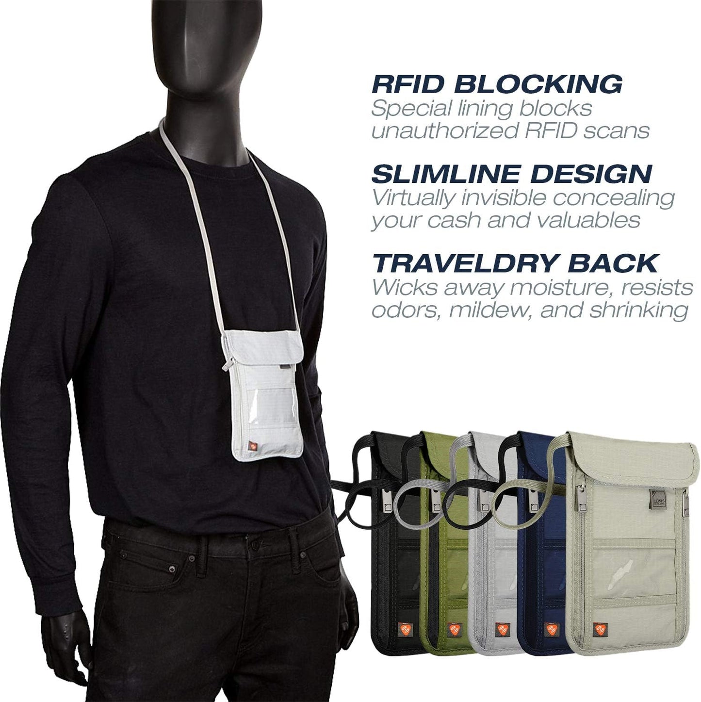 Lewis N. Clark RFID Blocking Stash Neck Wallet, Travel Pouch + Passport Holder for Women & Men