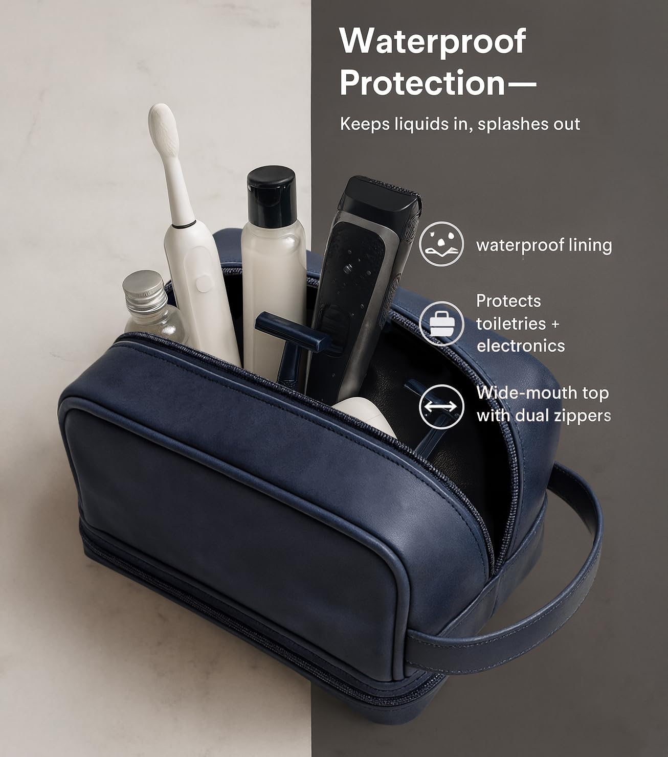 RUSTIC TOWN Leather Toiletry Bag - Waterproof Ditty Kit for Men and Women, Travel Organizer for Full-Size Essentials, TSA Approved