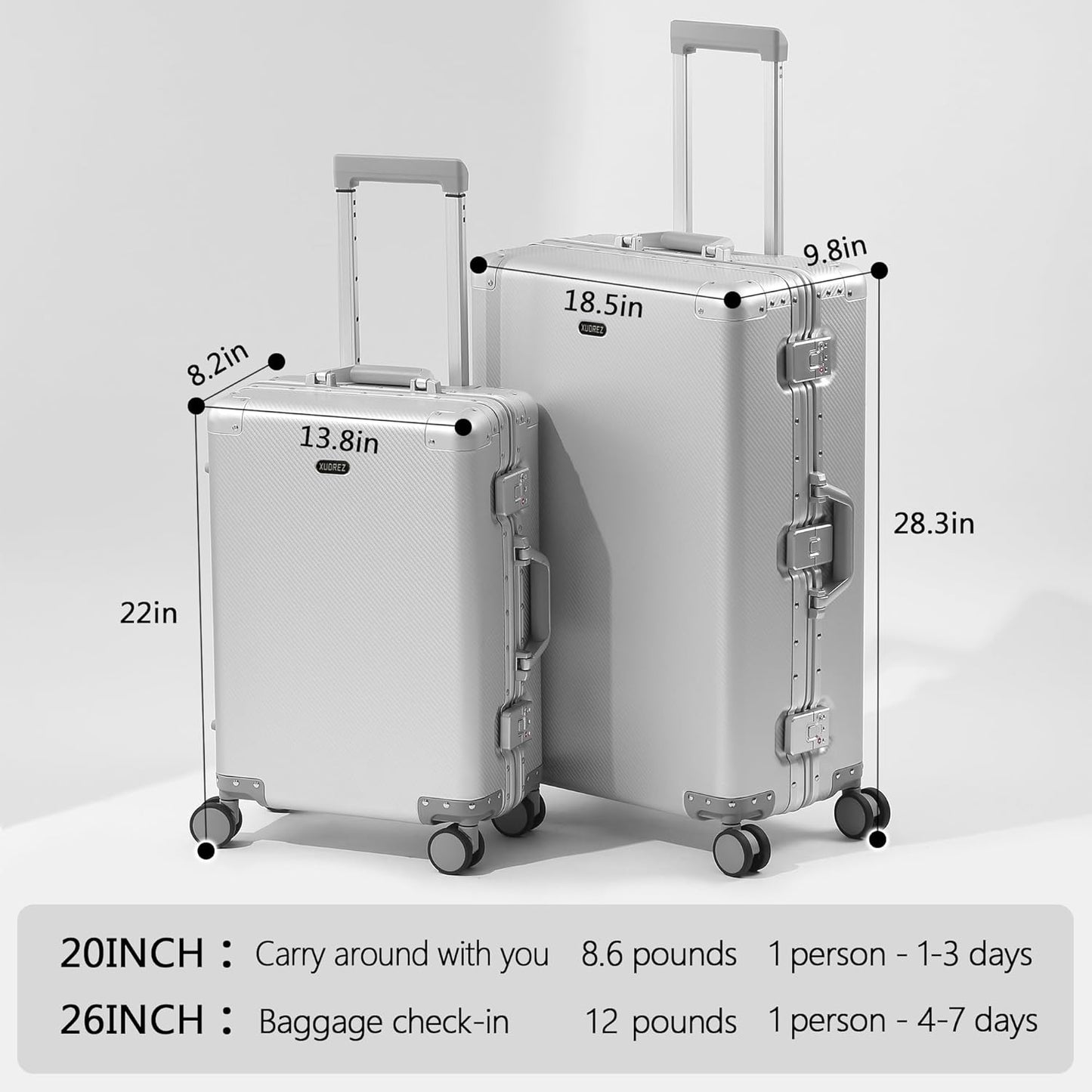 YYW Aluminum Carry-On Luggage Airline Approved Lightweight Suitcase with TSA Lock and Silent Wheels, Hardshell Spinner Business Travel (silver, 20in)
