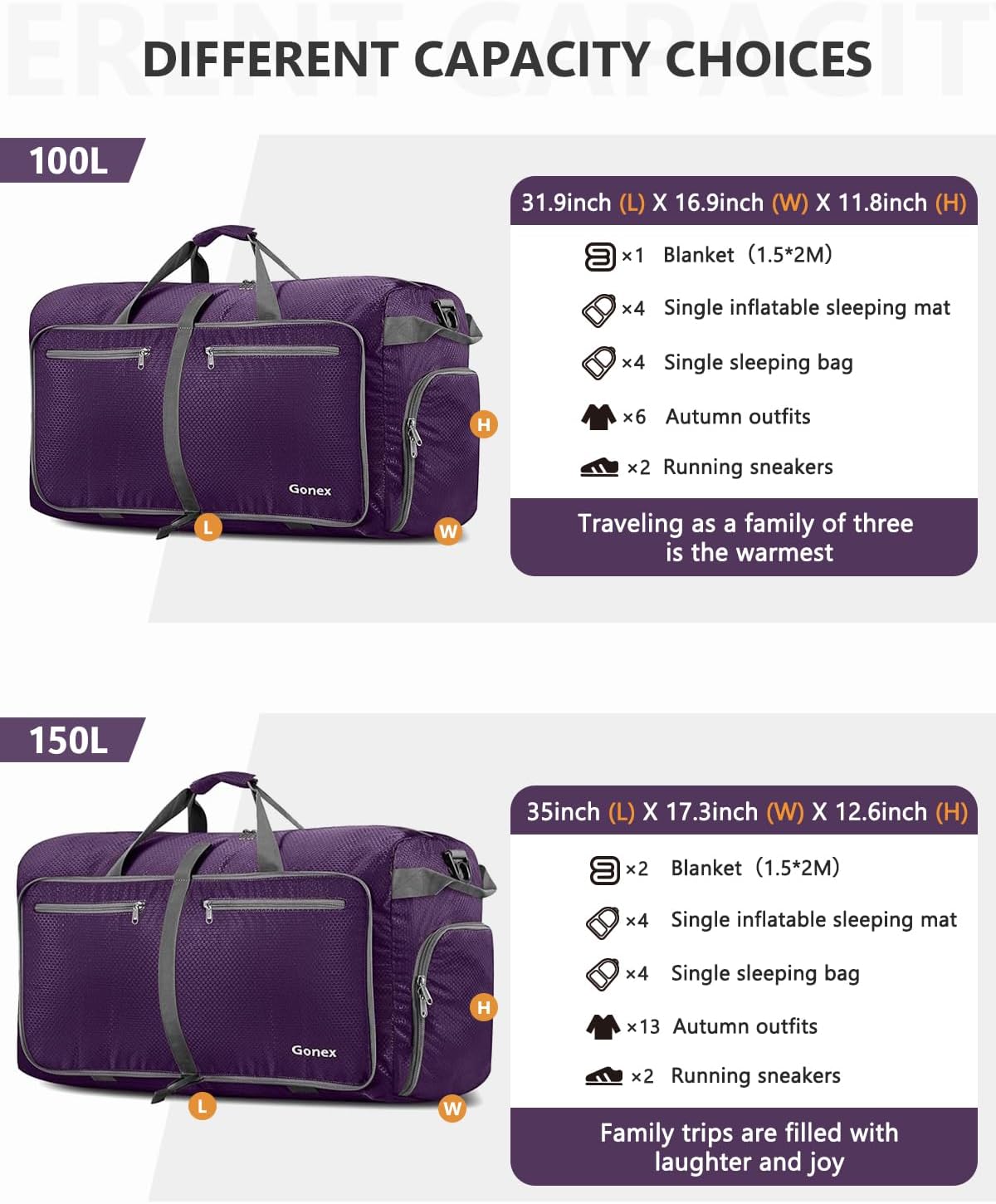 Gonex 40L 60L 80L 100L 150L Large Foldable Travel Duffle Bag with Shoes Compartment, Packable Lightweight Water Repellent Duffel Bag for Camping Gym Weekender Bag