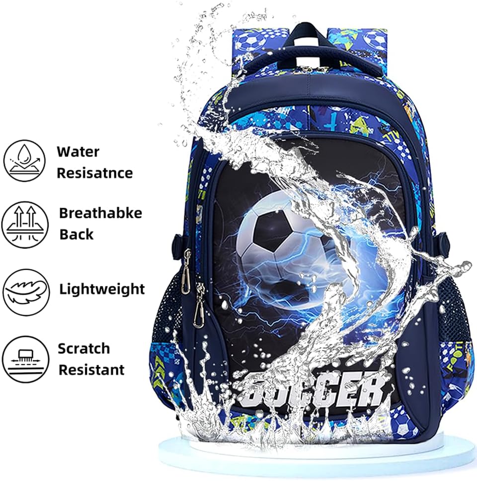Kids Backpack for Boys Soccer School Backpacks Boy Spacious Laptop Bookbag Elementary Schoolbag Waterproof Durable (Blue)